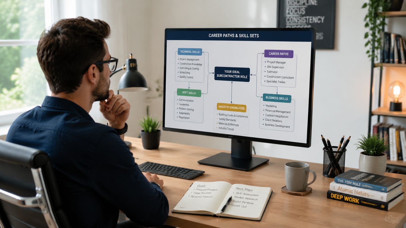 A professional analyzing a flowchart on a monitor about career paths and skill sets for subcontractors.