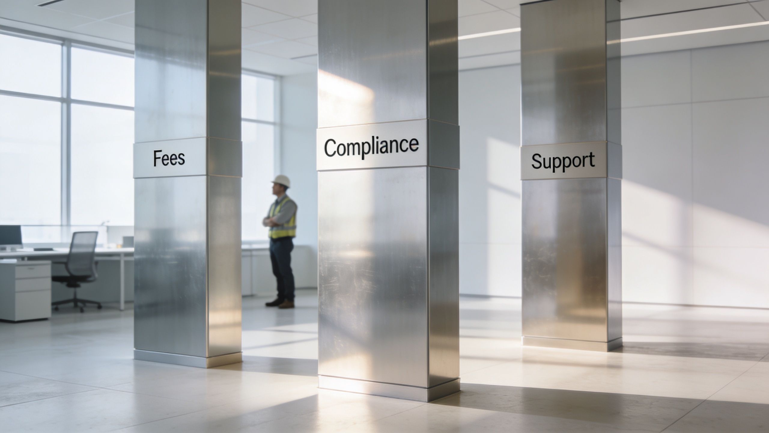 A professional office interior with metallic pillars labeled Fees, Compliance, and Support near a construction worker.