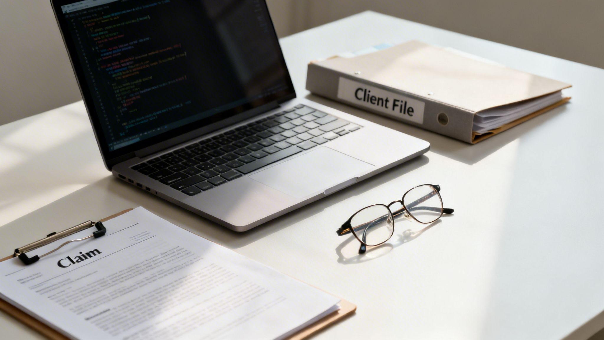 A professional desk setup featuring a laptop with code, a 'Client File' binder, and a 'Claim' document.