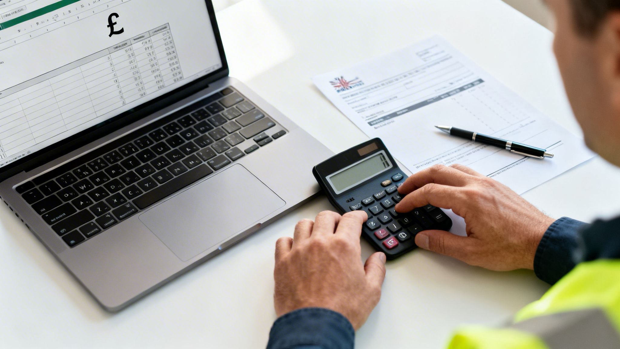 A person uses a calculator at a desk with a laptop displaying a spreadsheet and documents.
