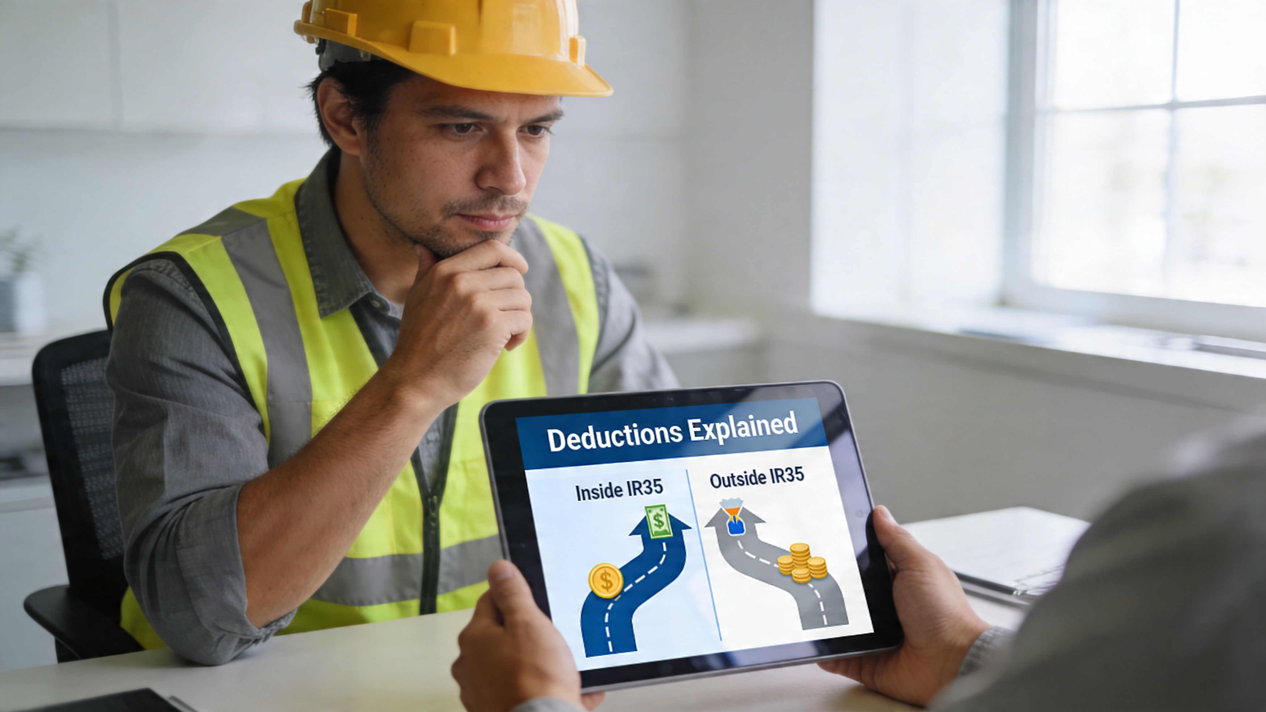 A construction worker in a hard hat reviews tax information on a tablet about IR35 employment status.