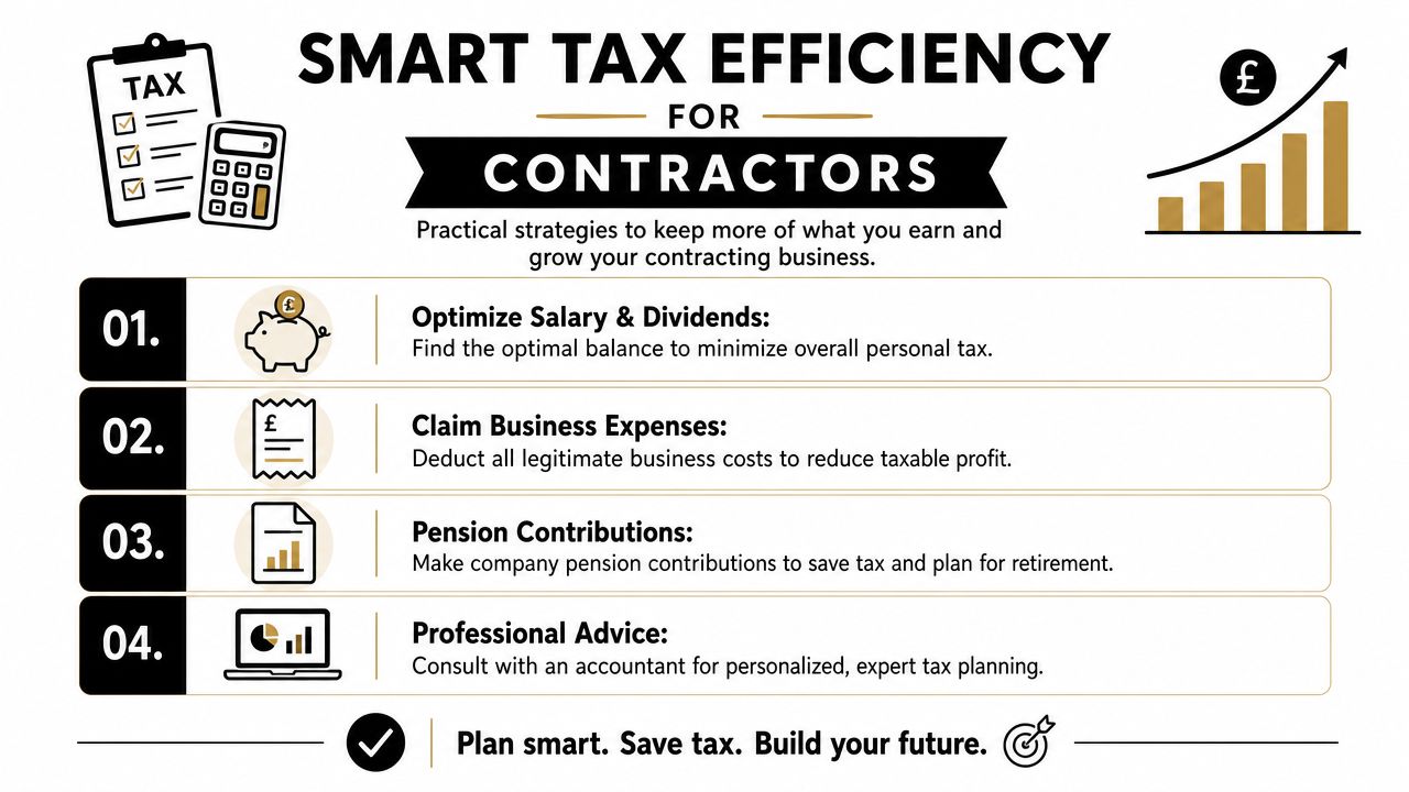 An infographic titled Smart Tax Efficiency for Contractors detailing four practical strategies to minimize business taxes.