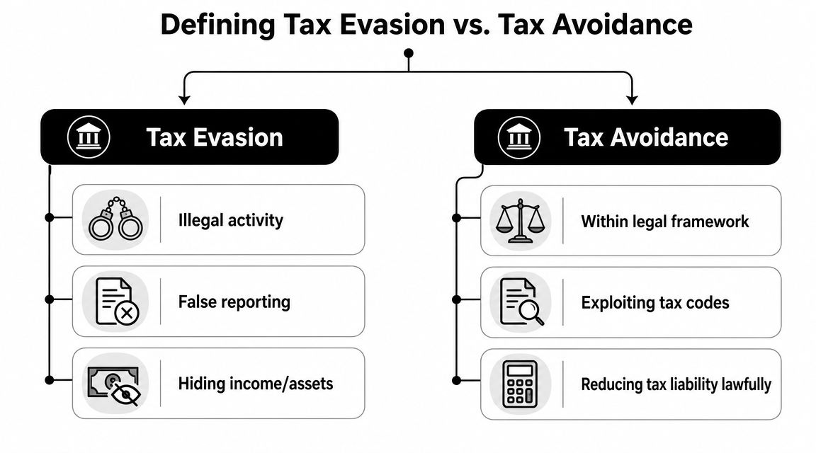 A diagram comparing tax evasion and tax avoidance, highlighting their key legal differences and definitions.