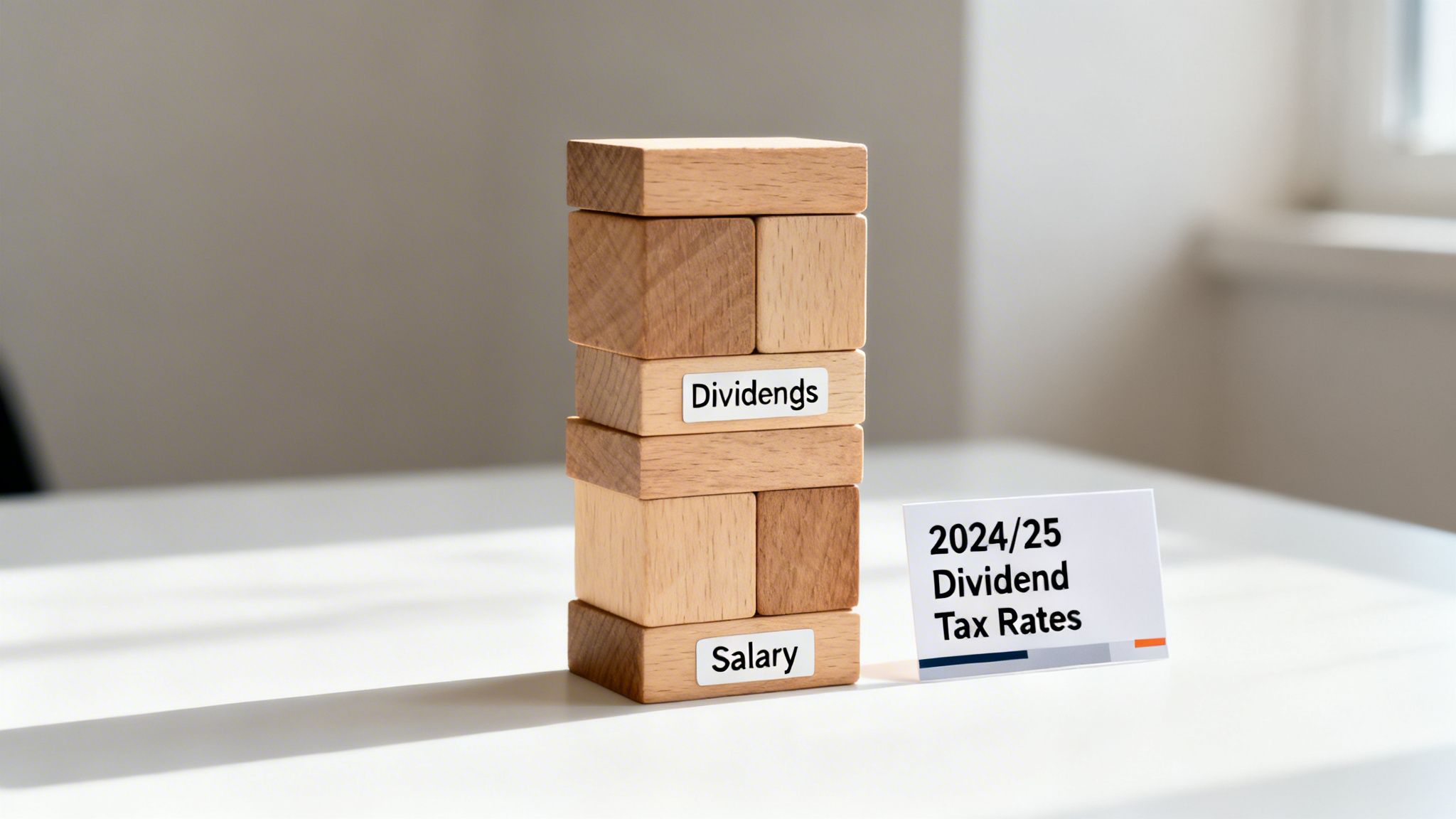 Wooden blocks labeled 'Dividends' and 'Salary' beside a card showing '2024/25 Dividend Tax Rates'.