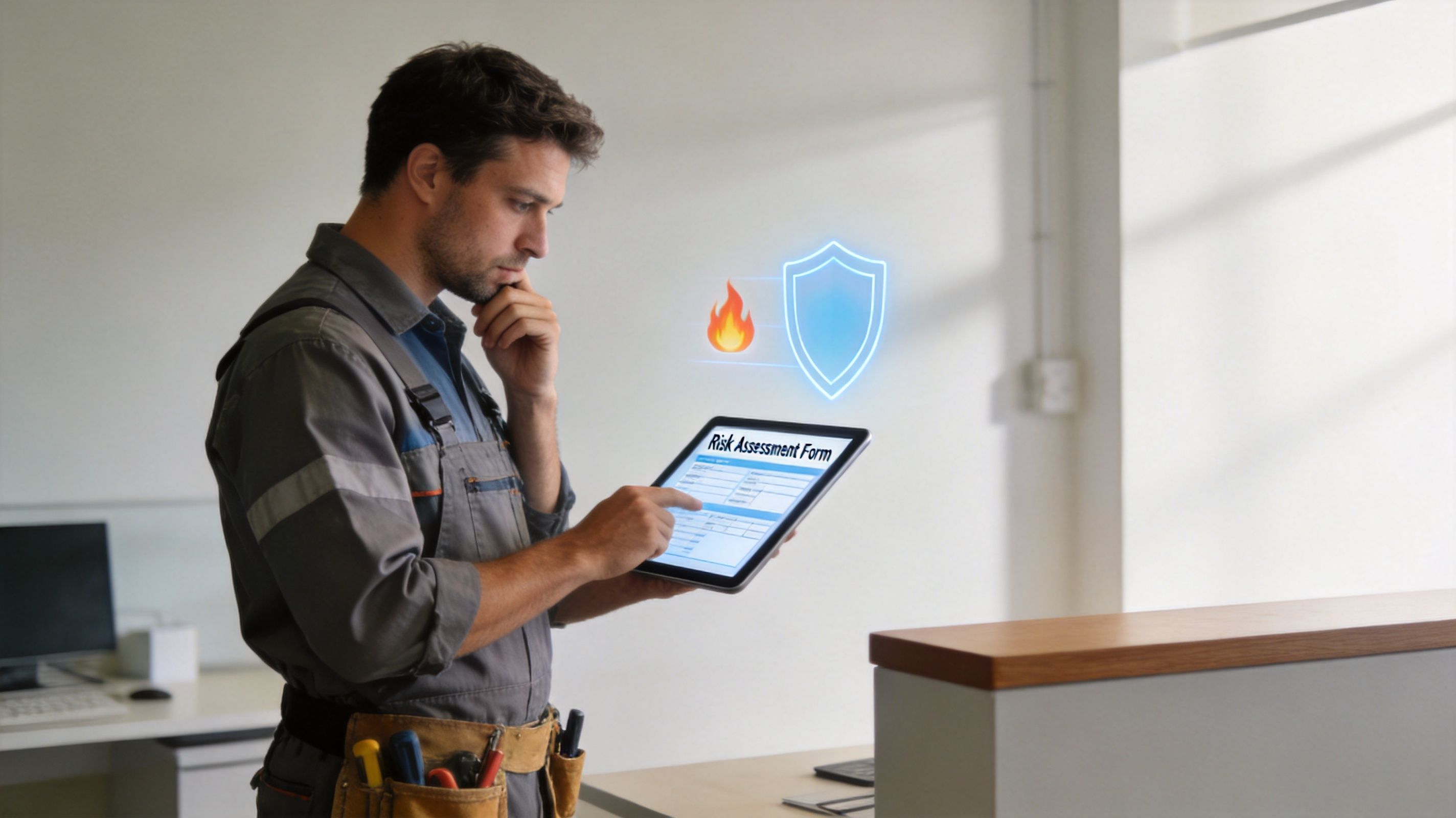 A professional contractor in work uniform using a tablet to review a digital risk assessment form.