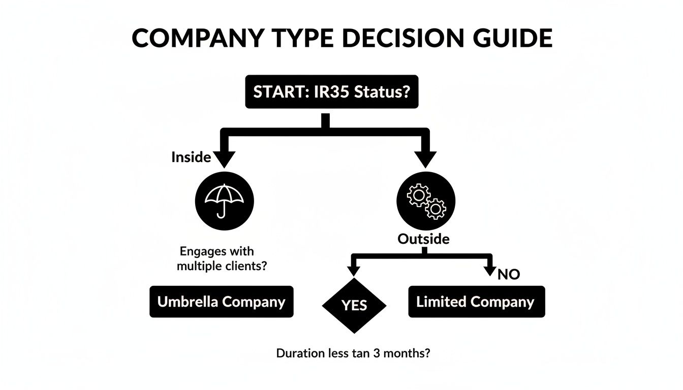 A flowchart guiding the decision for company type based on IR35 status, client engagement, and contract duration.