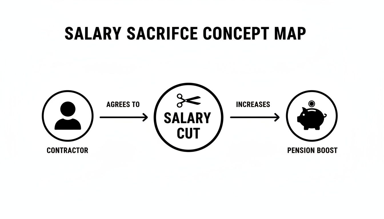Concept map illustrating a contractor agreeing to a salary cut, leading to an increased pension boost.