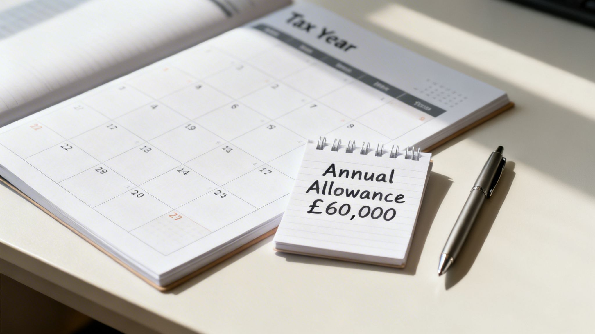 A calendar displaying 'Tax Year' next to a notepad stating 'Annual Allowance £60,000' with a pen.