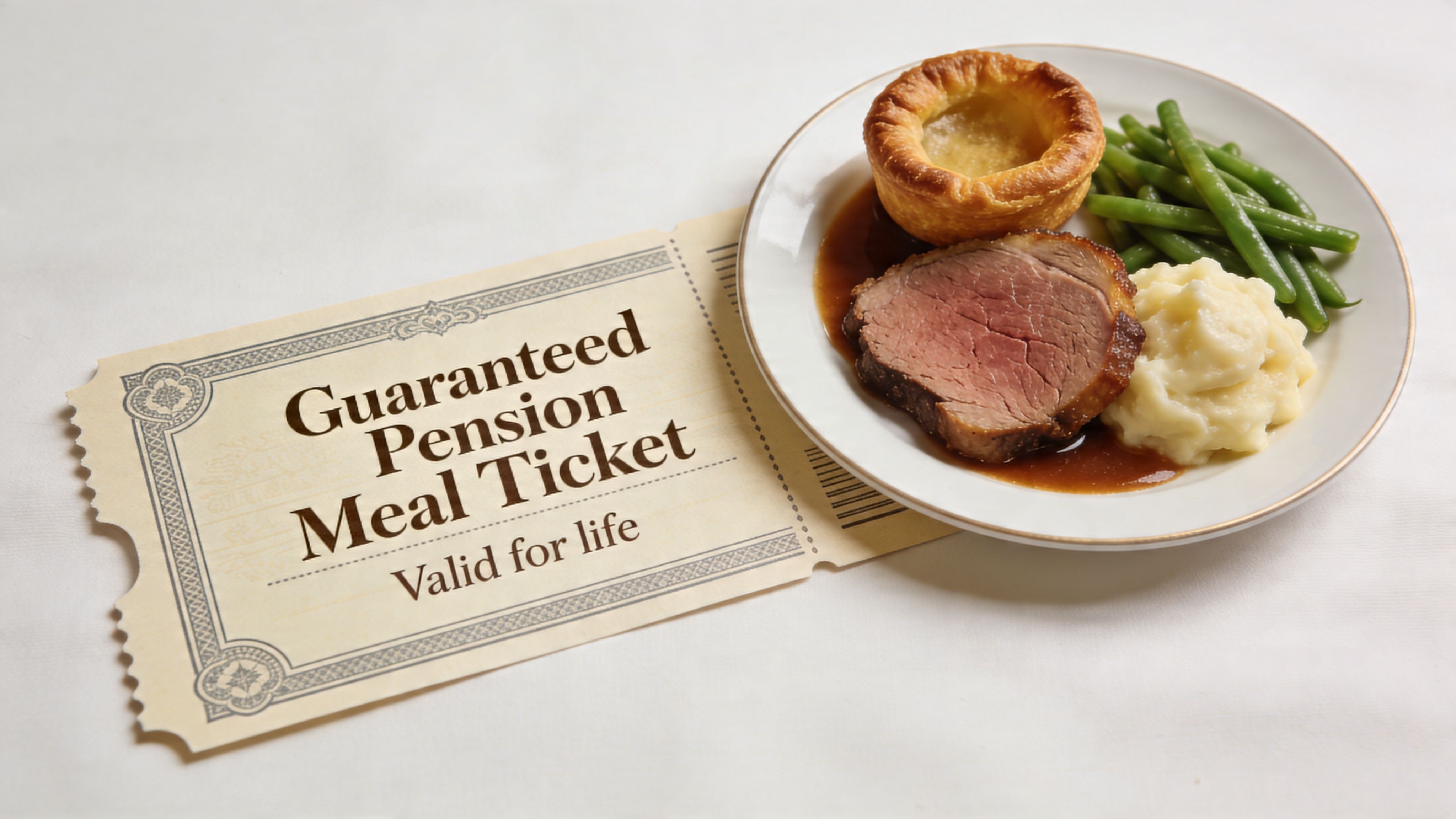 A ticket labeled Guaranteed Pension Meal Ticket placed next to a plate featuring beef, vegetables, and yorkshire pudding.
