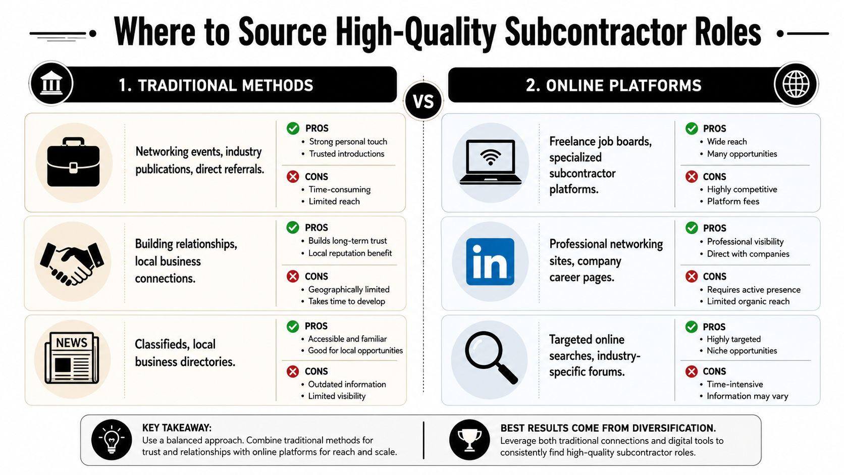 A comparison chart showing traditional methods versus online platforms for sourcing high-quality subcontractor job roles.