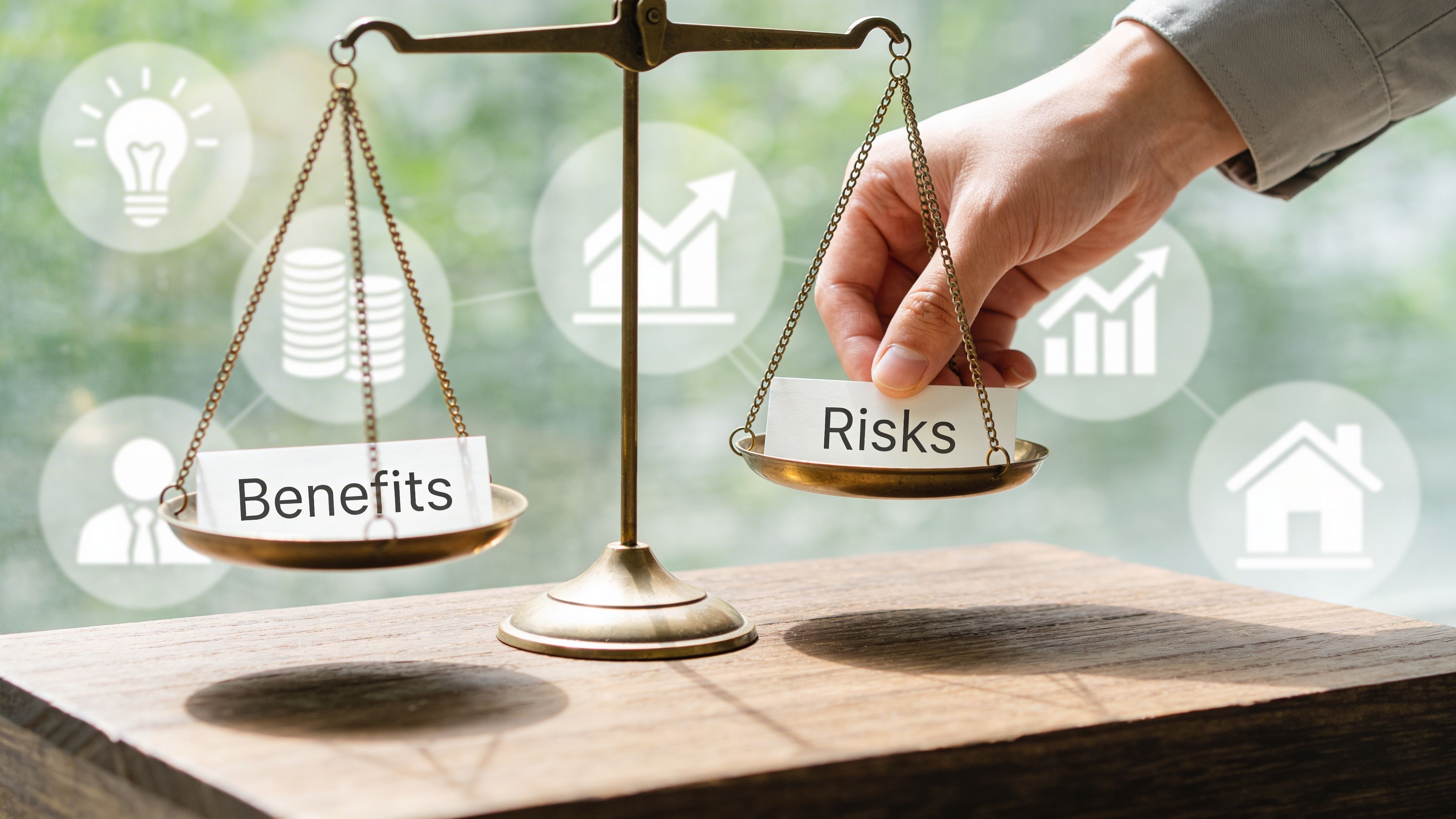 A hand balancing a scale between benefits and risks to represent financial planning and strategic decision making.