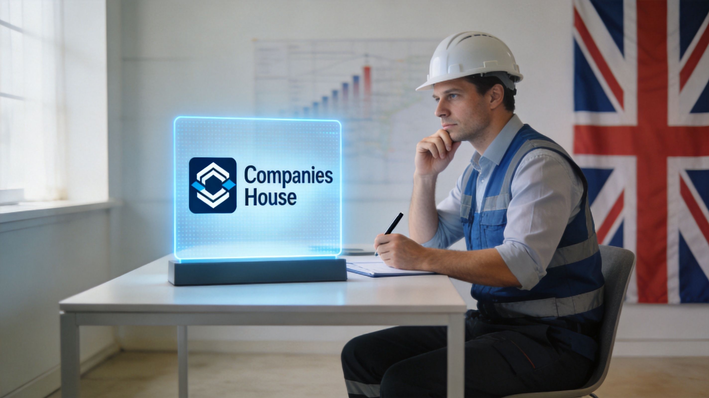 A professional construction worker sitting at a desk with a glowing Companies House sign in an office.