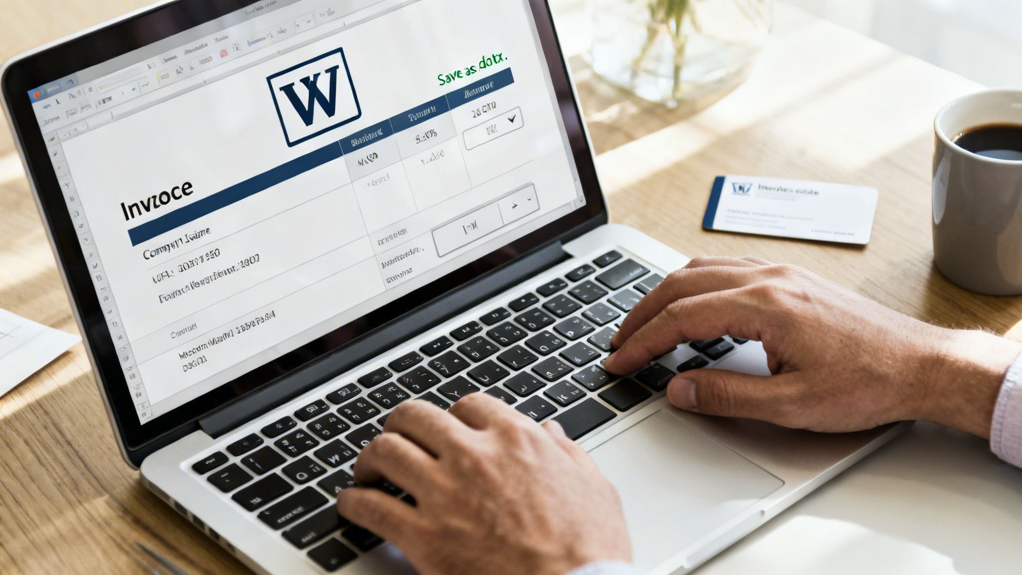 A person types on a laptop displaying a construction invoice template with a 'W' logo.