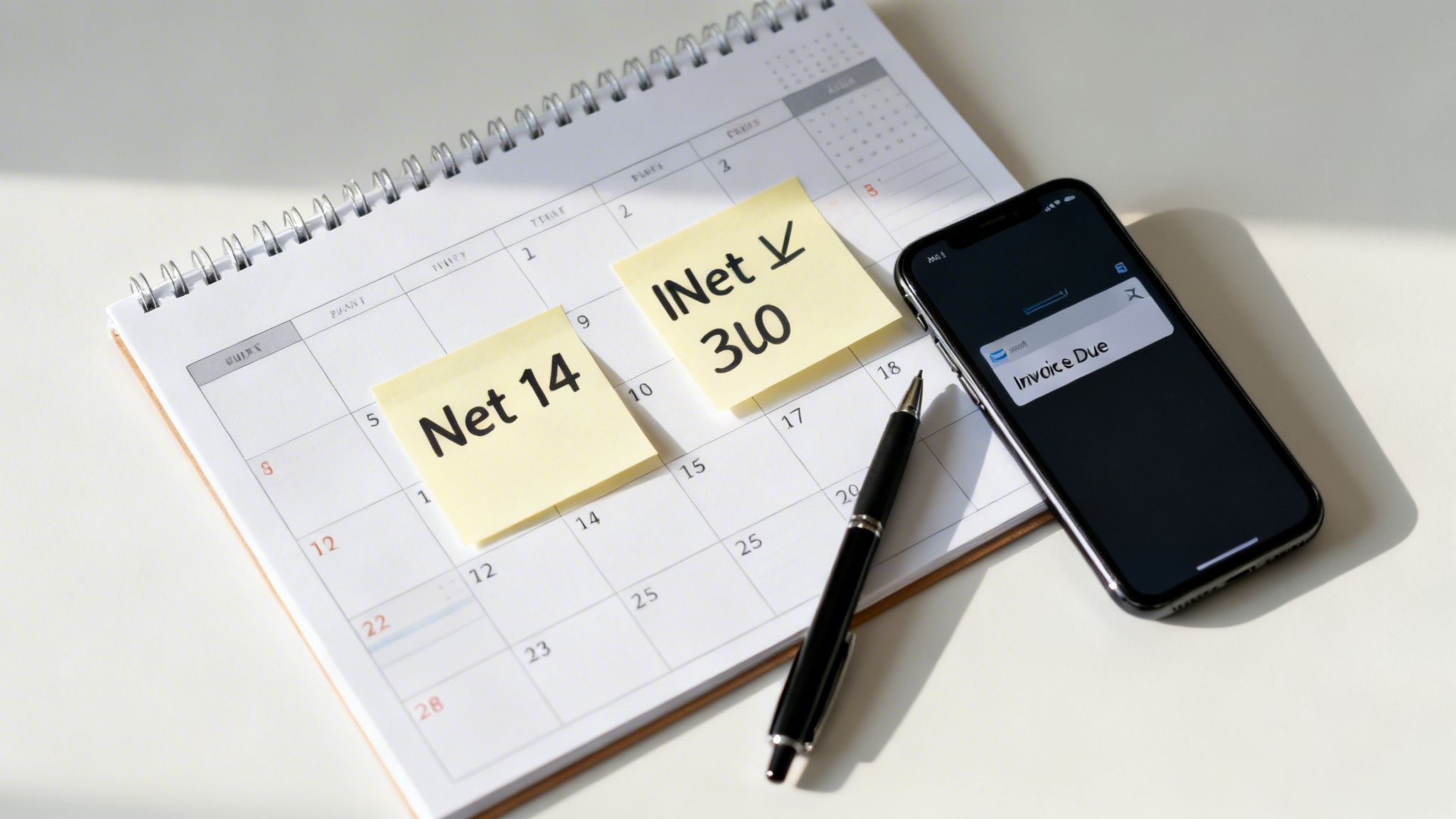 Desk scene with a calendar, sticky notes marking payment due dates, a pen, and a phone showing 'Invoice Due'.