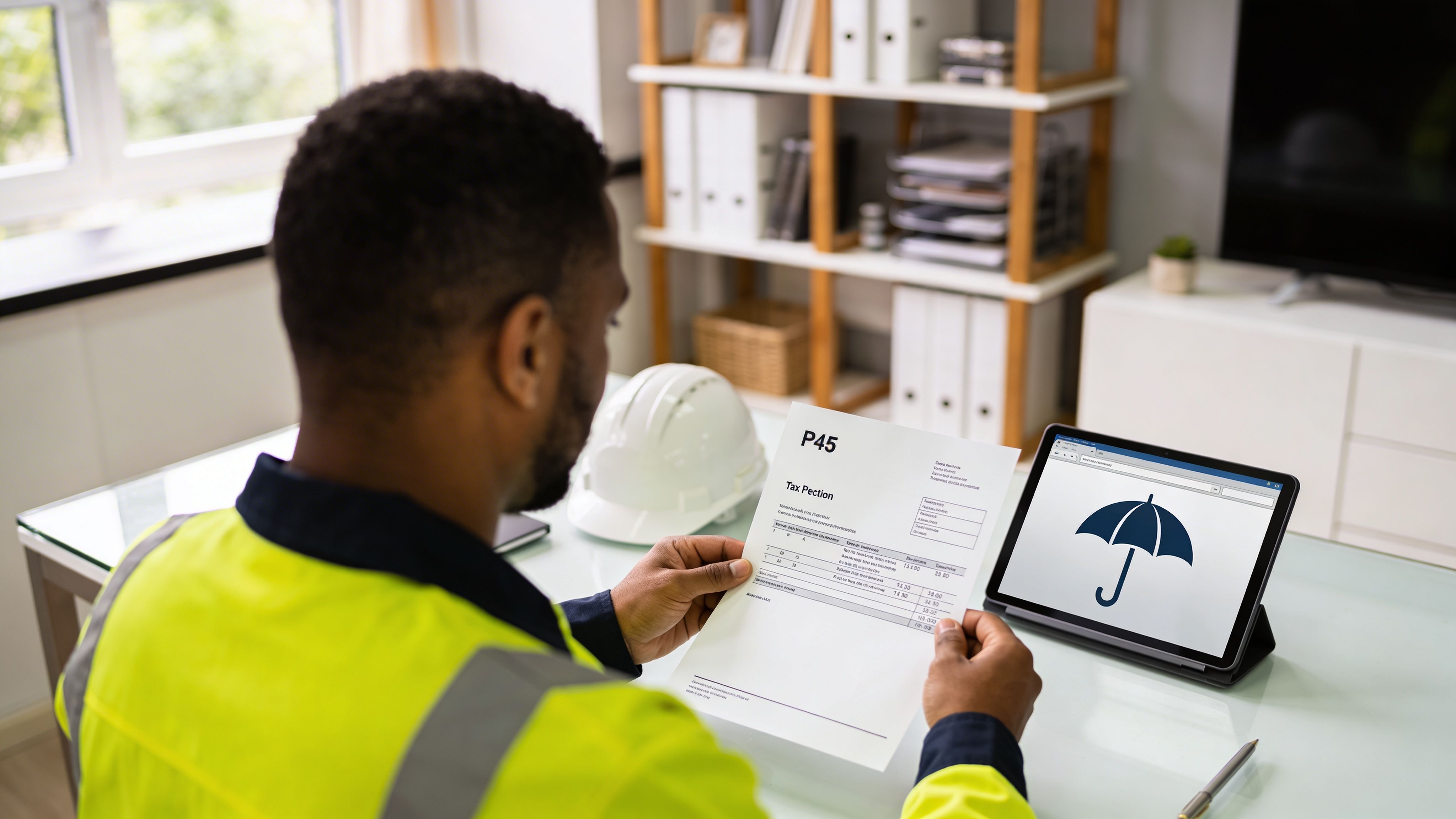 A construction worker in a high-visibility vest reviews a P45 tax form while using a tablet.