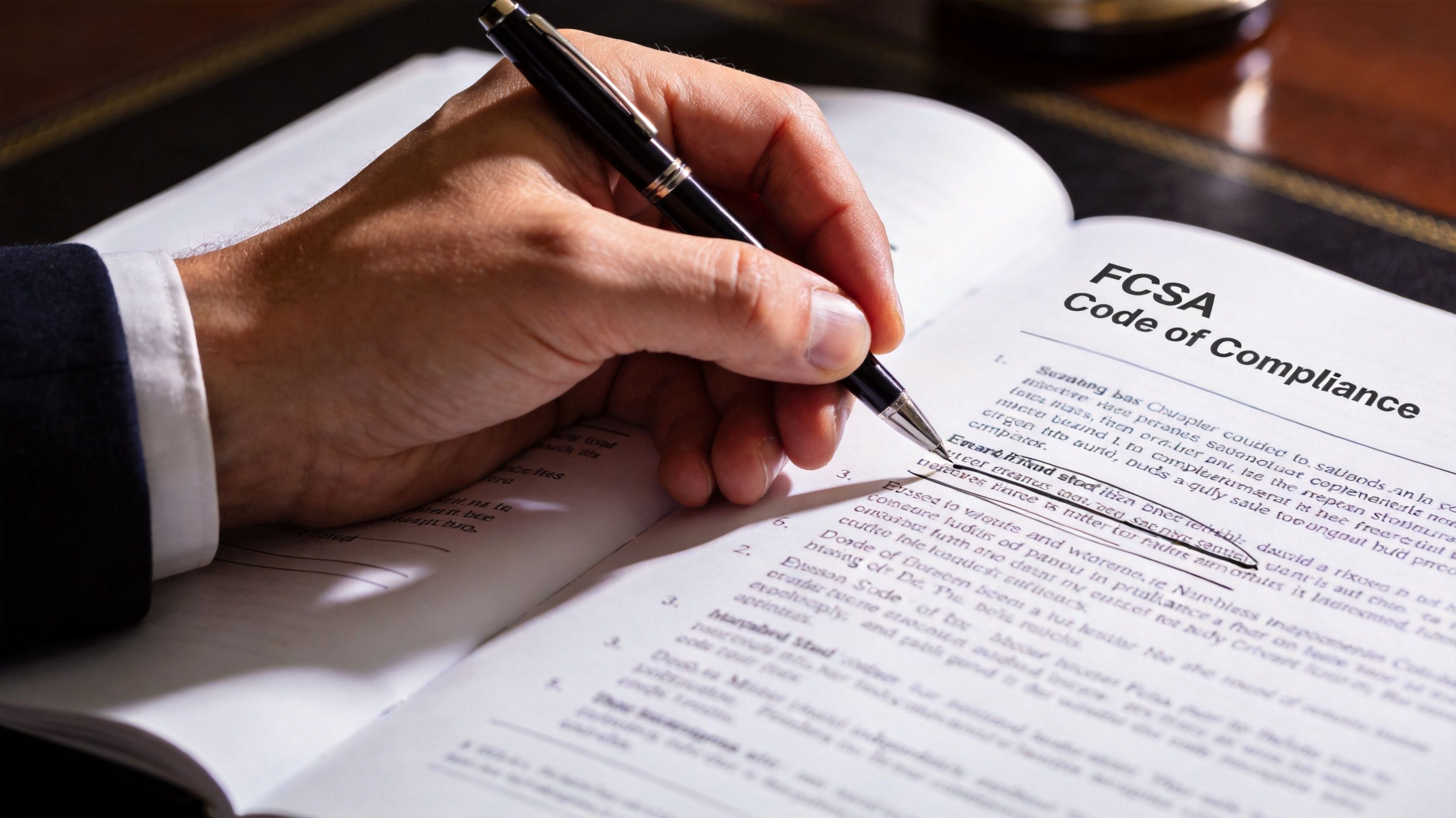 A professional person signing an official FCSA Code of Compliance document with a black ink pen.