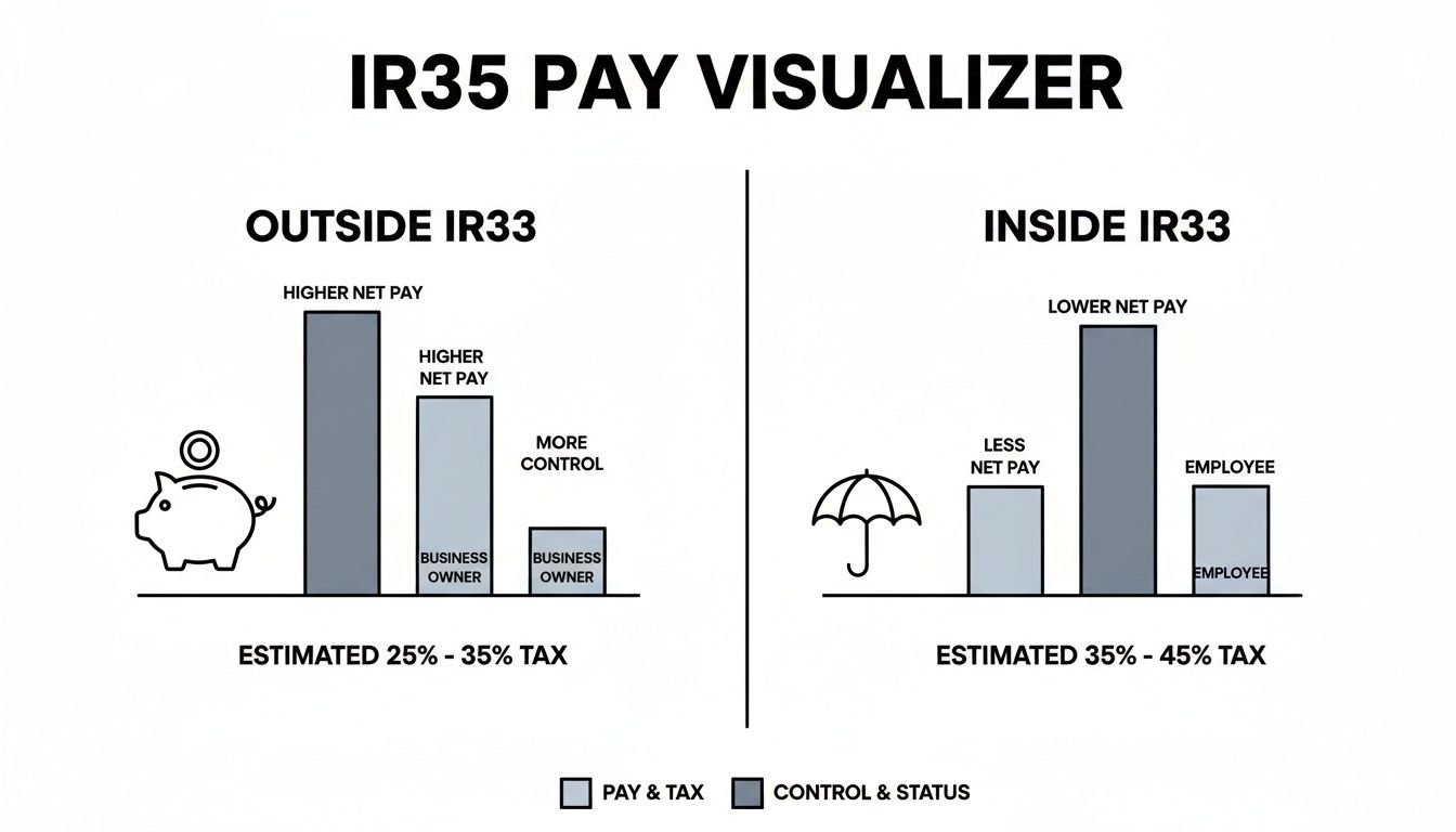 Infographic comparing higher net pay and control outside IR35 with lower net pay and employee status inside IR35.