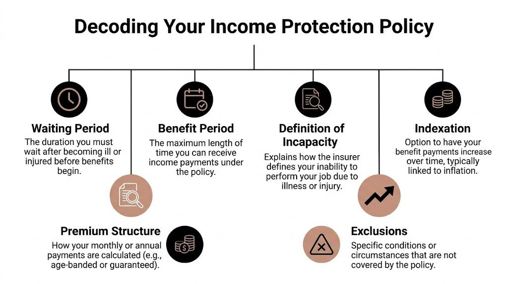 An infographic titled Decoding Your Income Protection Policy explaining key terms like waiting period, benefit period, and exclusions.