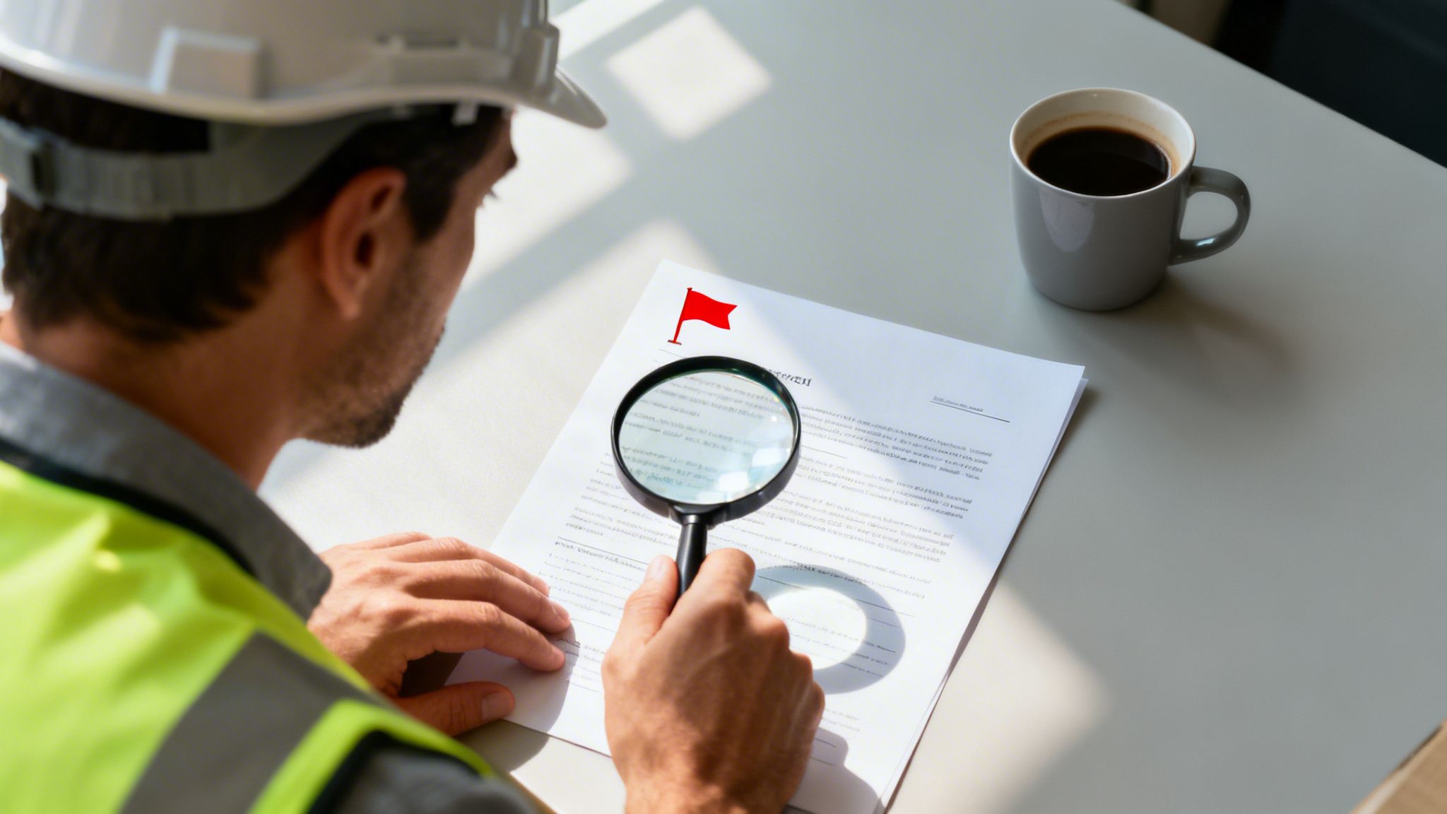 A construction engineer in a hard hat and safety vest reviews a document with a magnifying glass, revealing a red flag warning.
