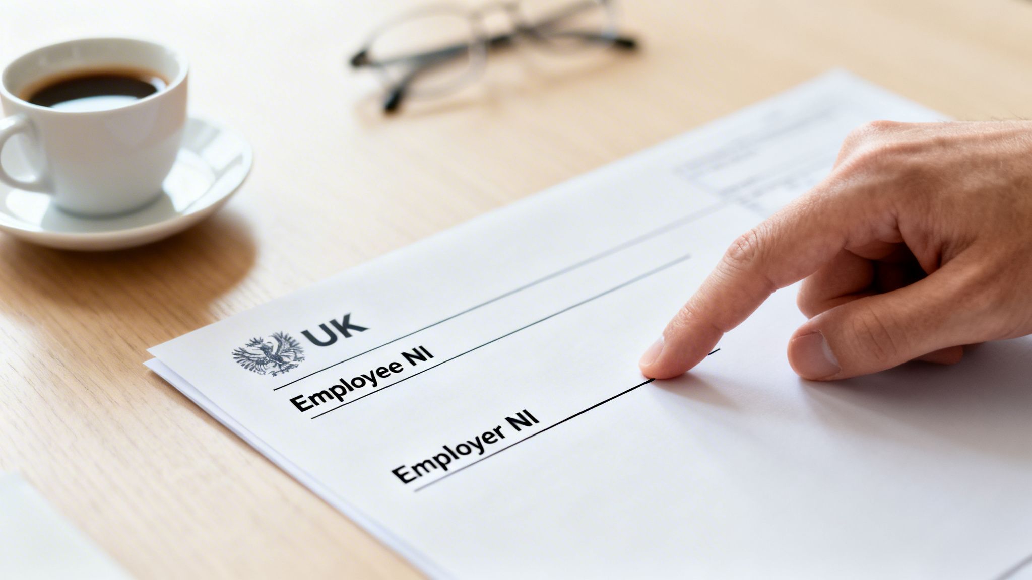 A hand points at a UK National Insurance document with 'Employee NI' and 'Employer NI' sections, alongside coffee.