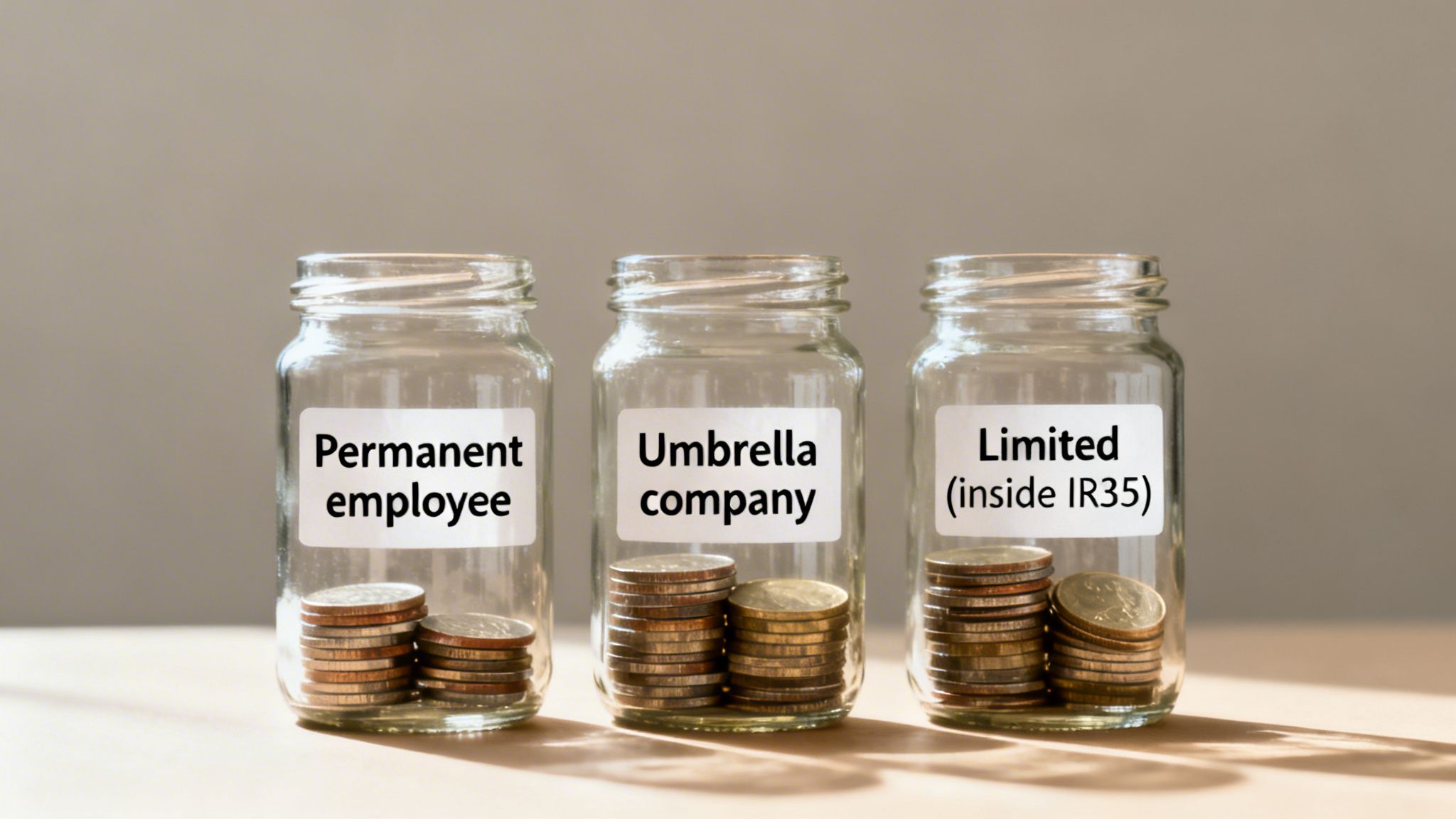 Three jars comparing UK take-home pay for permanent employees, umbrella companies, and limited companies inside IR35.