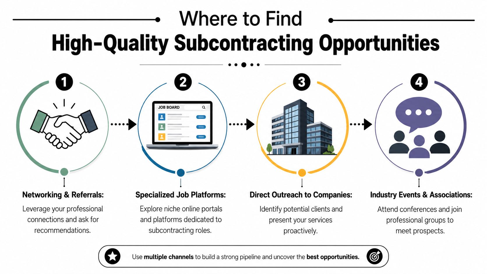 An infographic illustrating four effective strategies to find high-quality subcontracting opportunities for businesses and professionals.