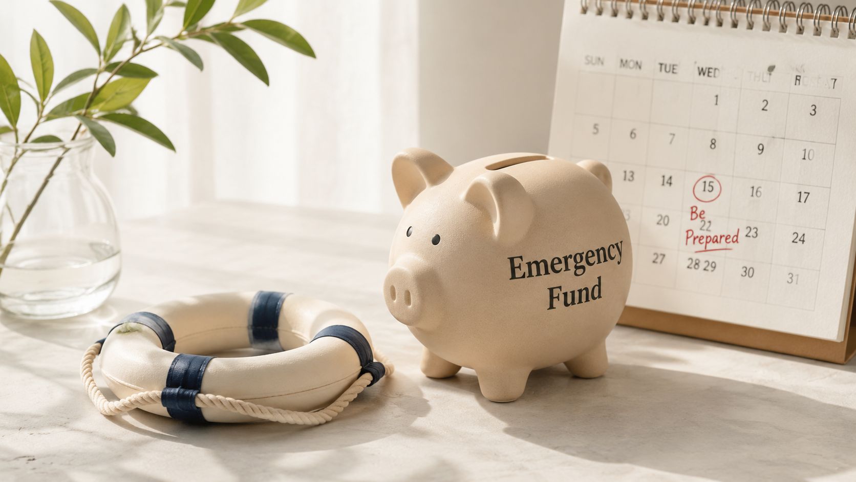 A piggy bank labeled Emergency Fund sits next to a lifebuoy and a calendar marked Be Prepared.