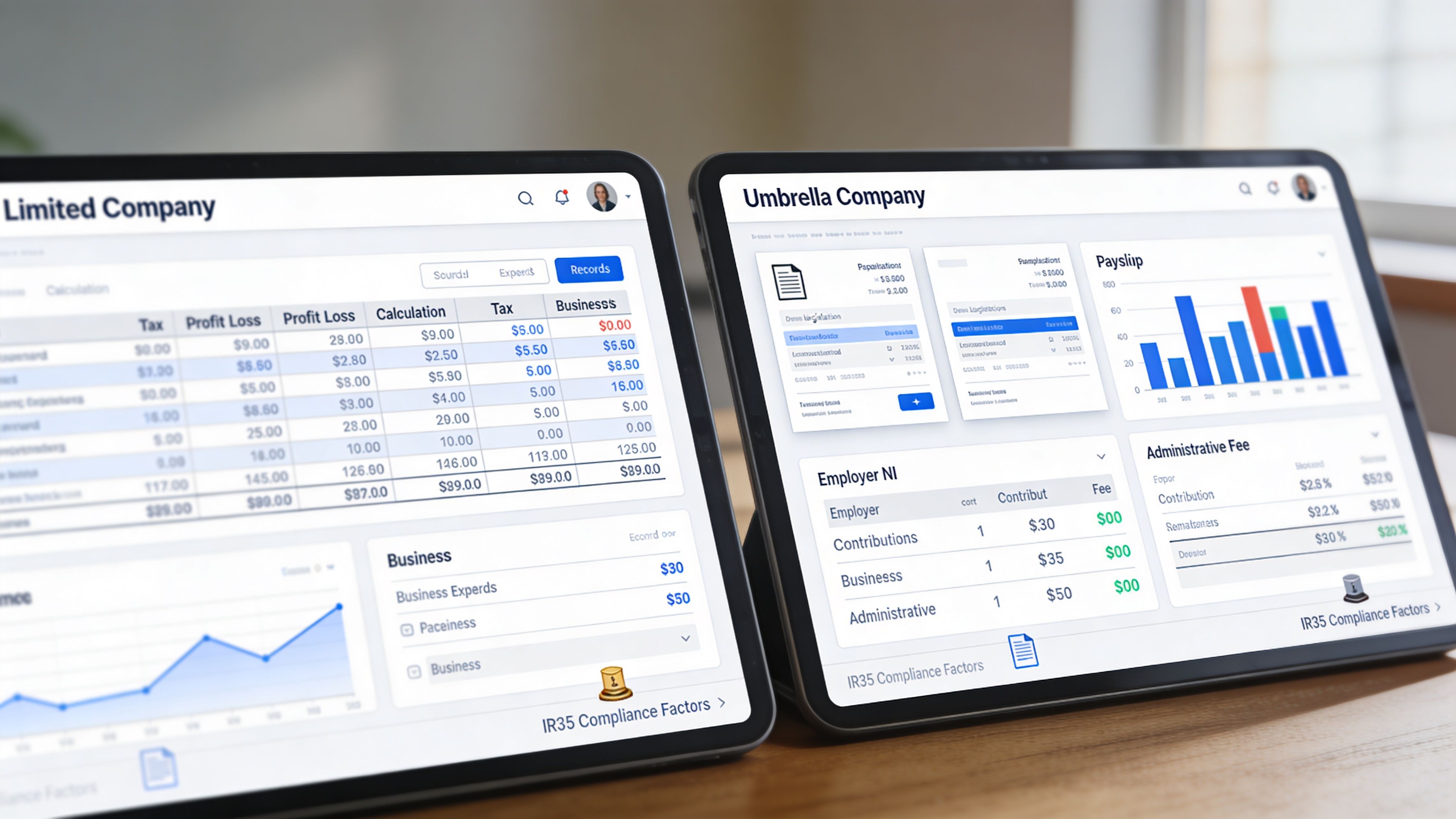 Two tablets showing financial dashboards for limited company and umbrella company taxation and business accounting data.