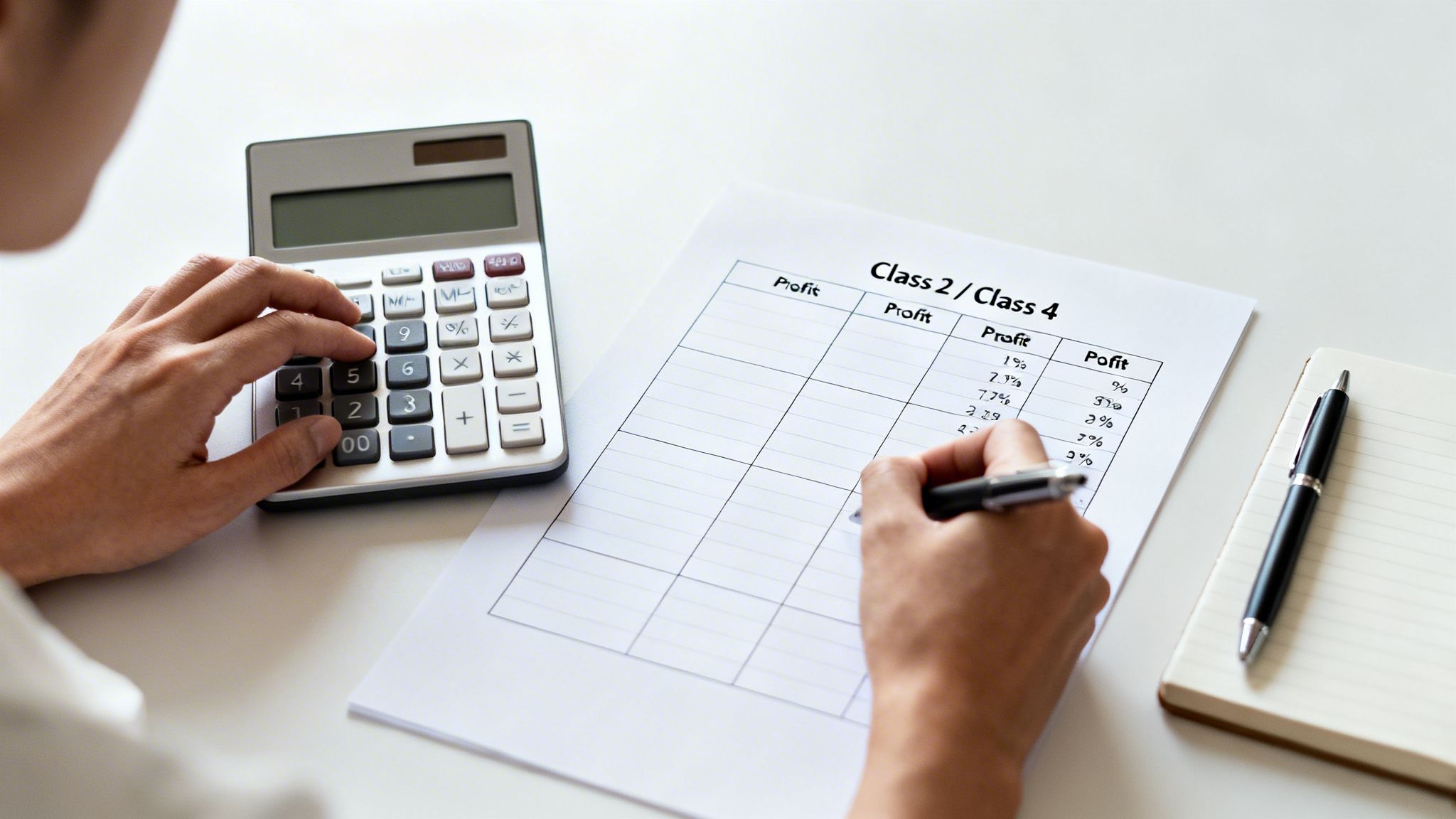 Hands using a calculator and writing profit percentages on a document titled 'Class 2 / Class 4'.