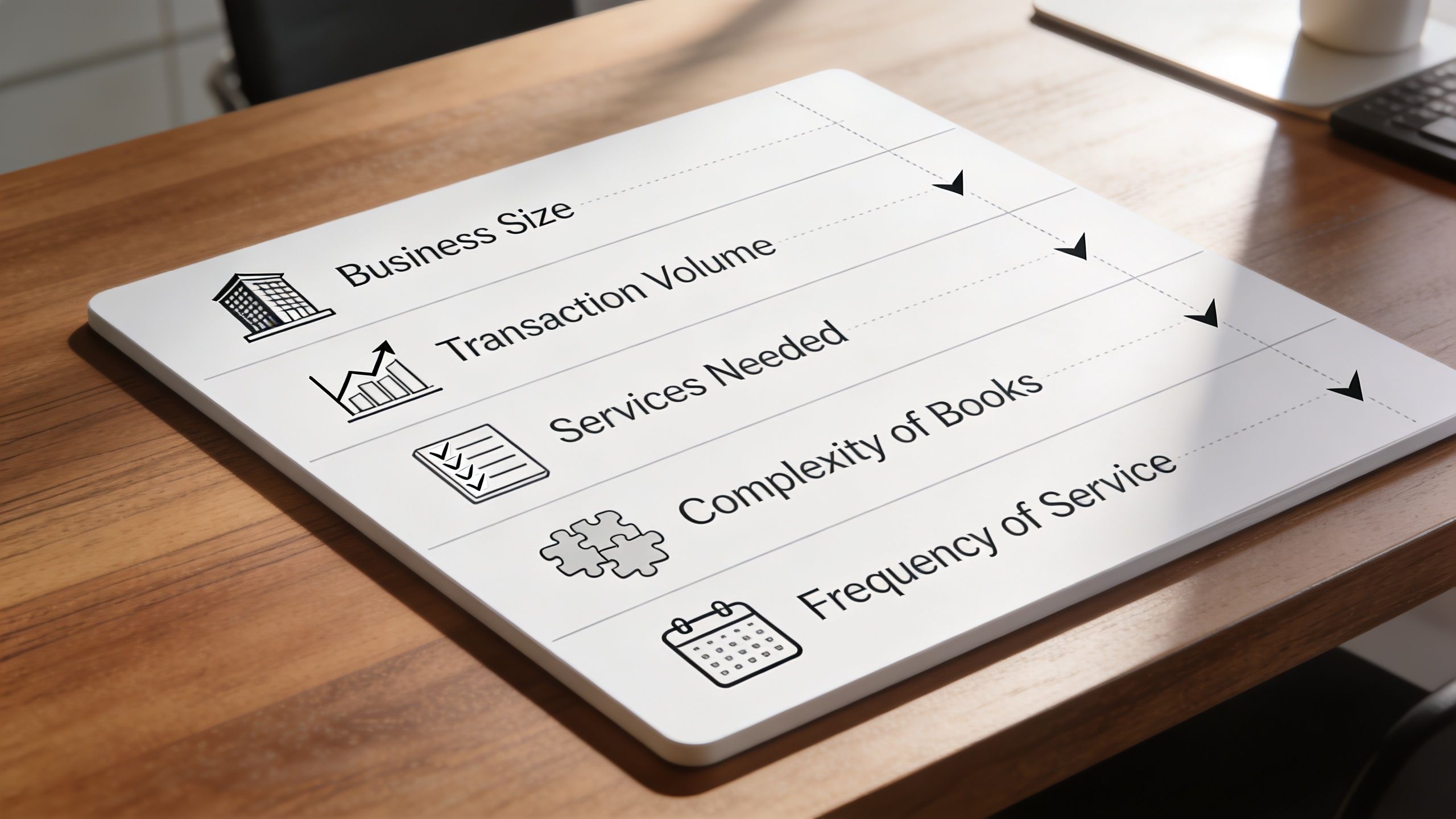 A graphic displayed on a tablet listing factors for determining the cost of limited company accounting services.