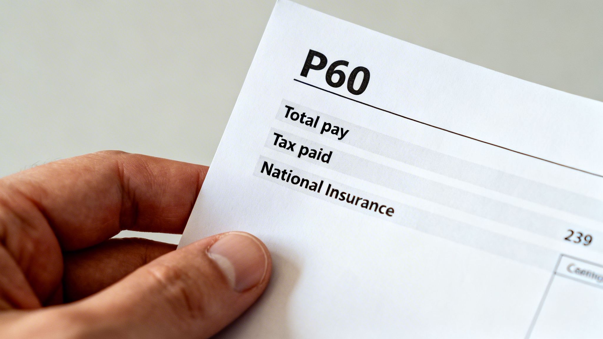 A person's hand holds a UK P60 tax document displaying 'Total pay,' 'Tax paid,' and 'National Insurance' sections.