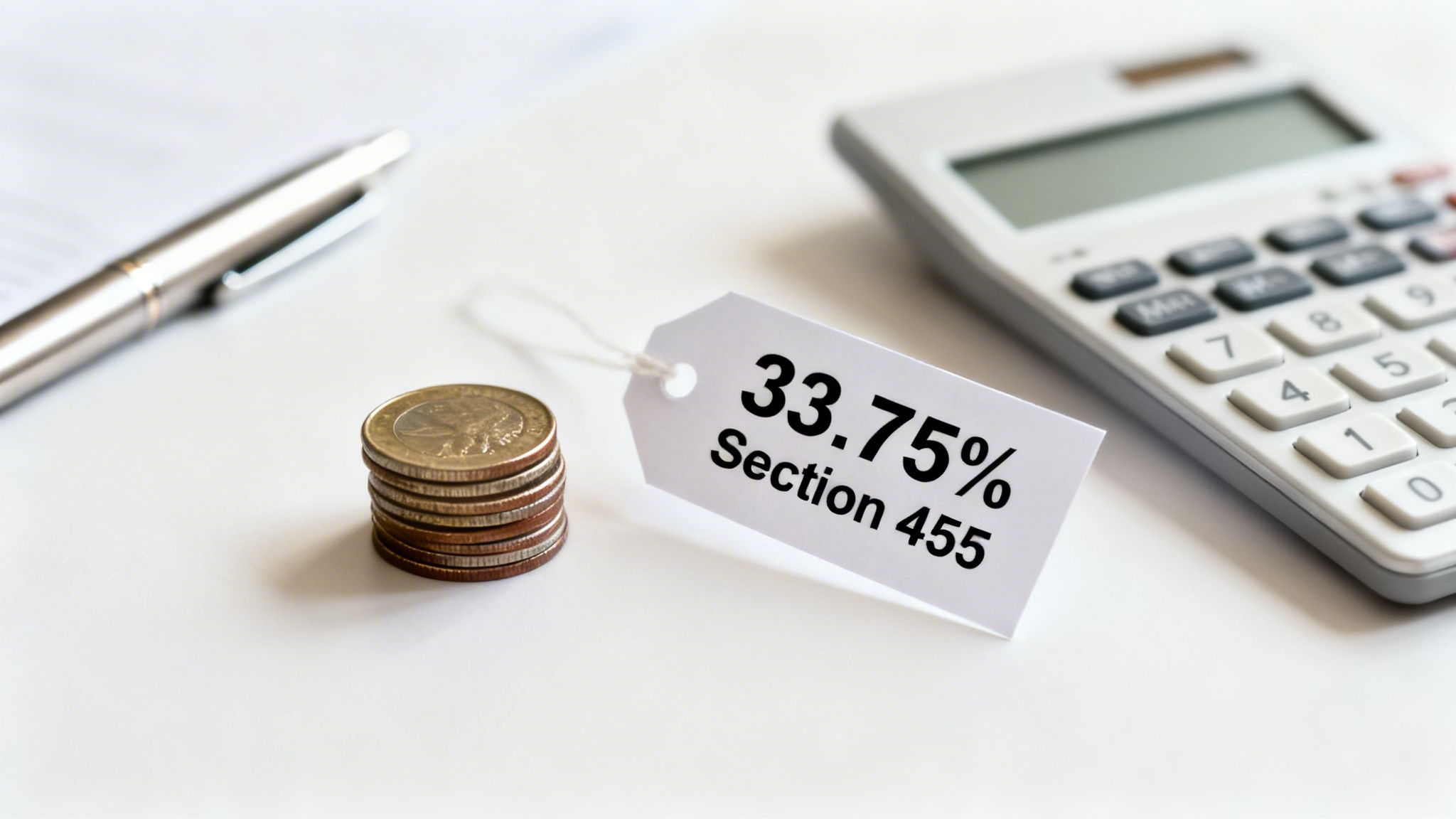 A price tag displays '33.75% Section 455' next to a stack of coins, a pen, and a calculator.