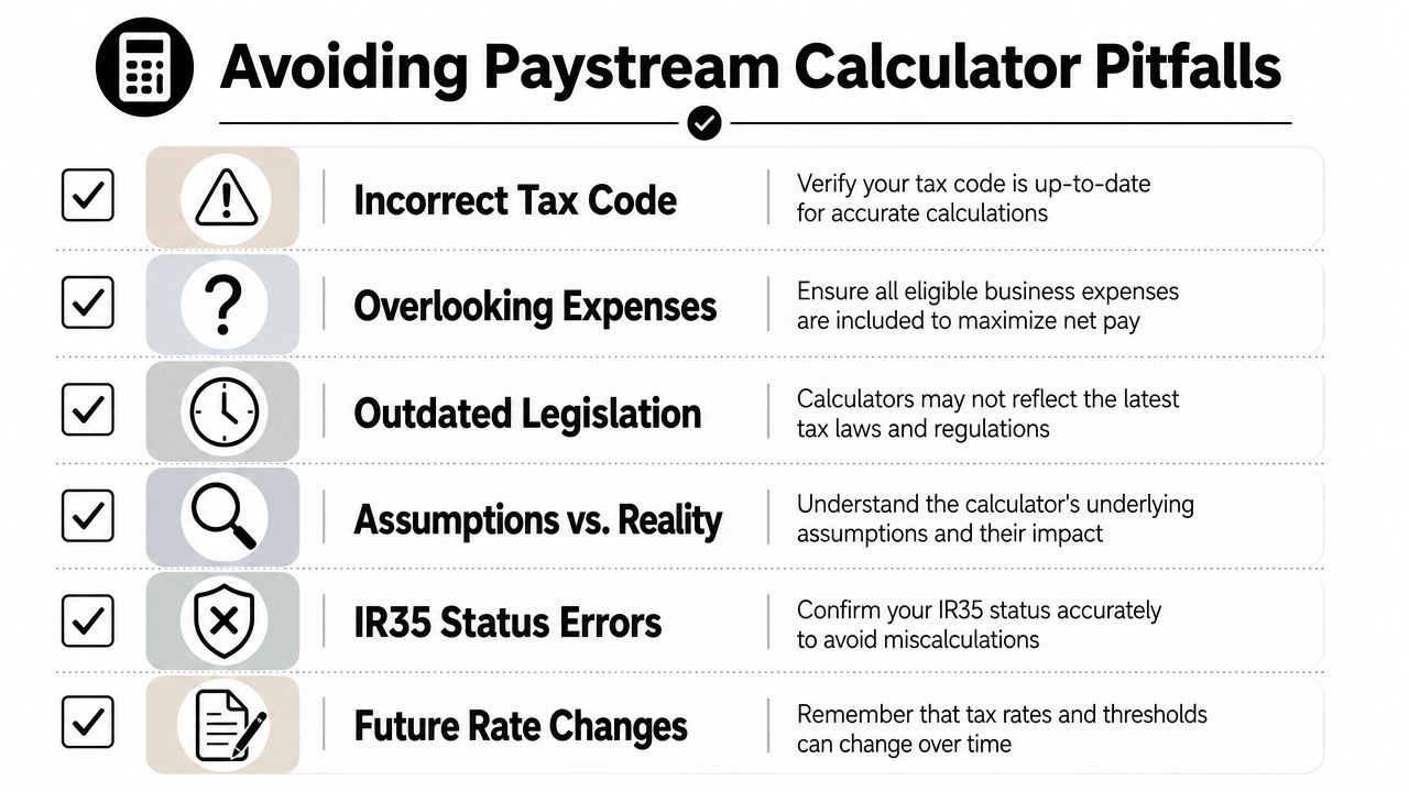 A checklist infographic titled Avoiding Paystream Calculator Pitfalls highlighting six common mistakes when using tax calculation tools.