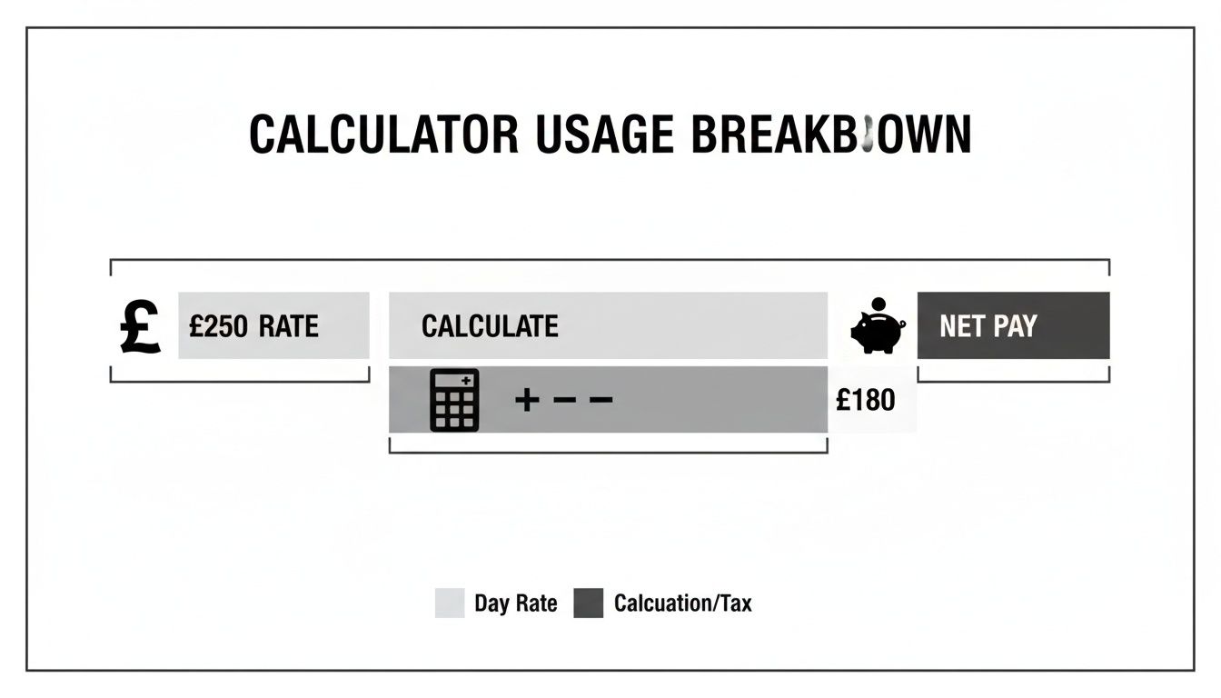 A diagram illustrating the calculation of net pay from a £250 rate to £180, showing tax breakdown.