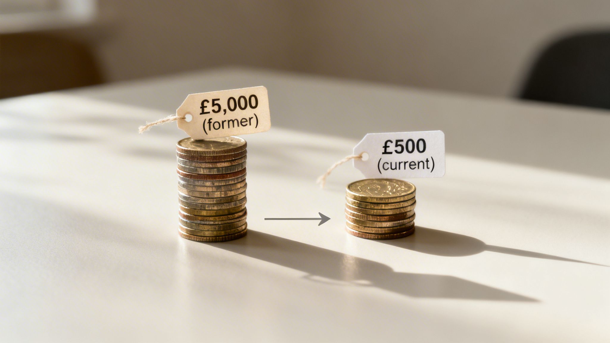 Two stacks of coins with tags showing a decrease from £5,000 (former) to £500 (current).