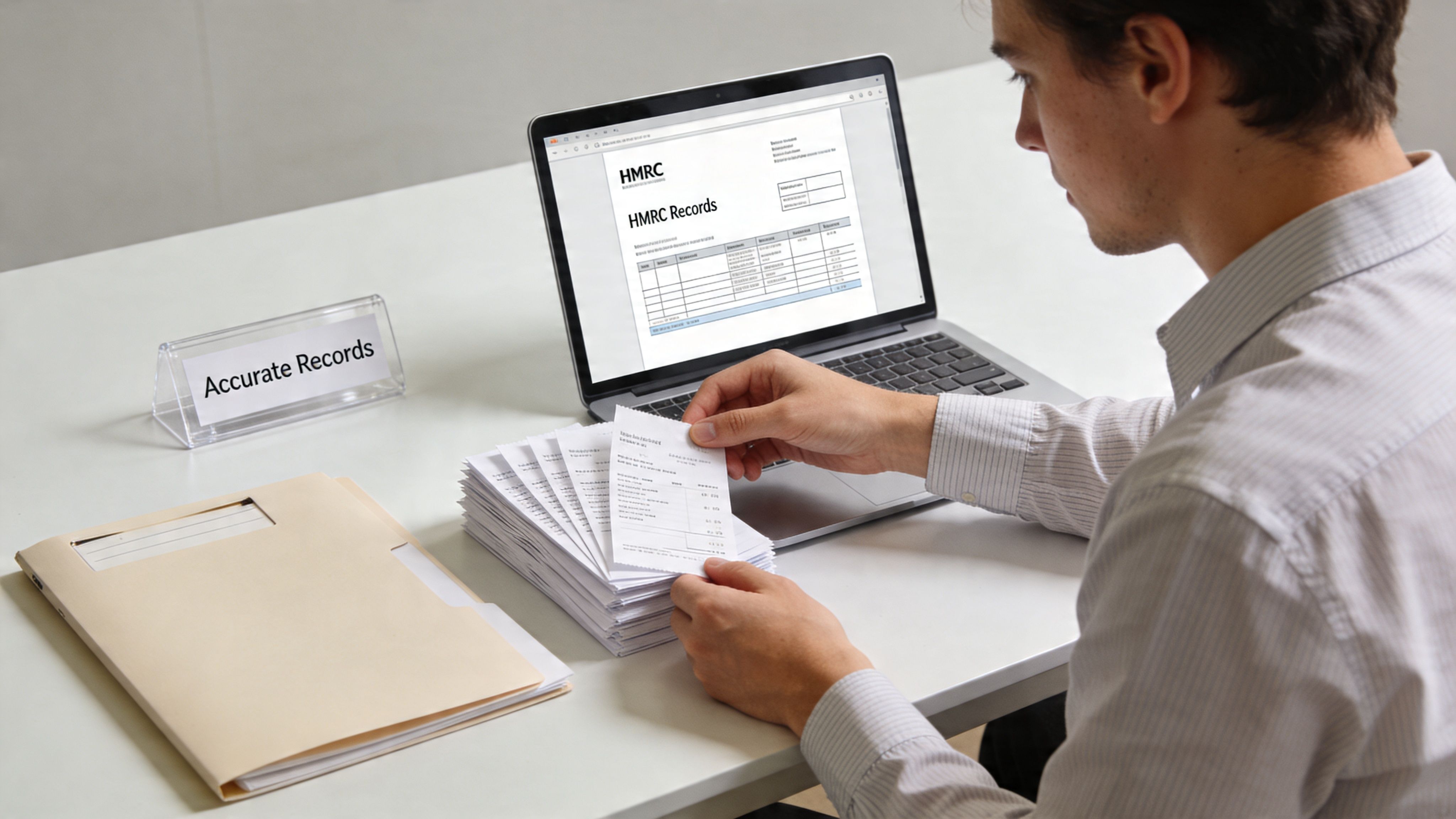 A man meticulously reviewing business receipts while working on HMRC tax records on his laptop computer.