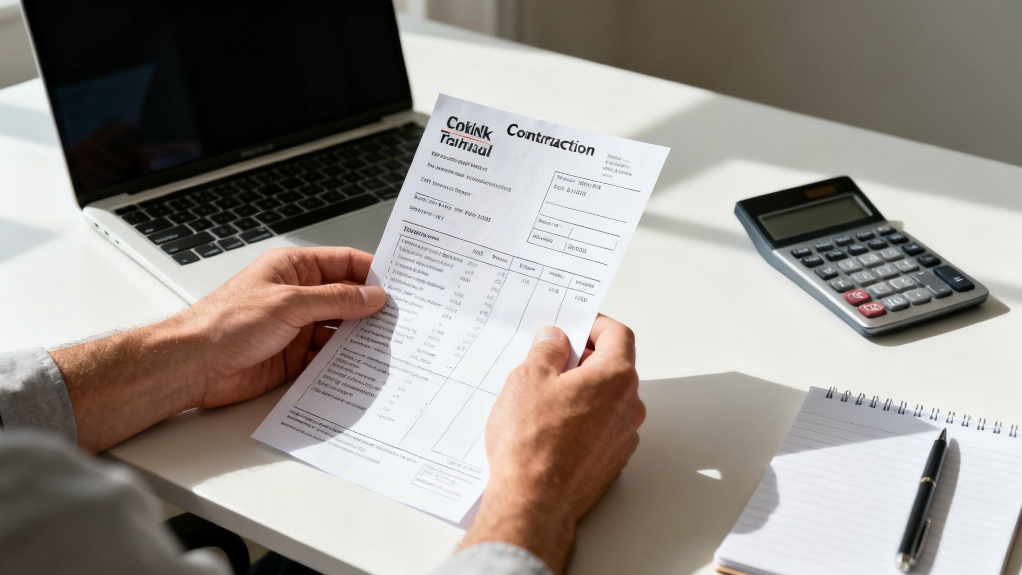 A person reviewing a construction invoice with a laptop, calculator, and notebook on a white desk.