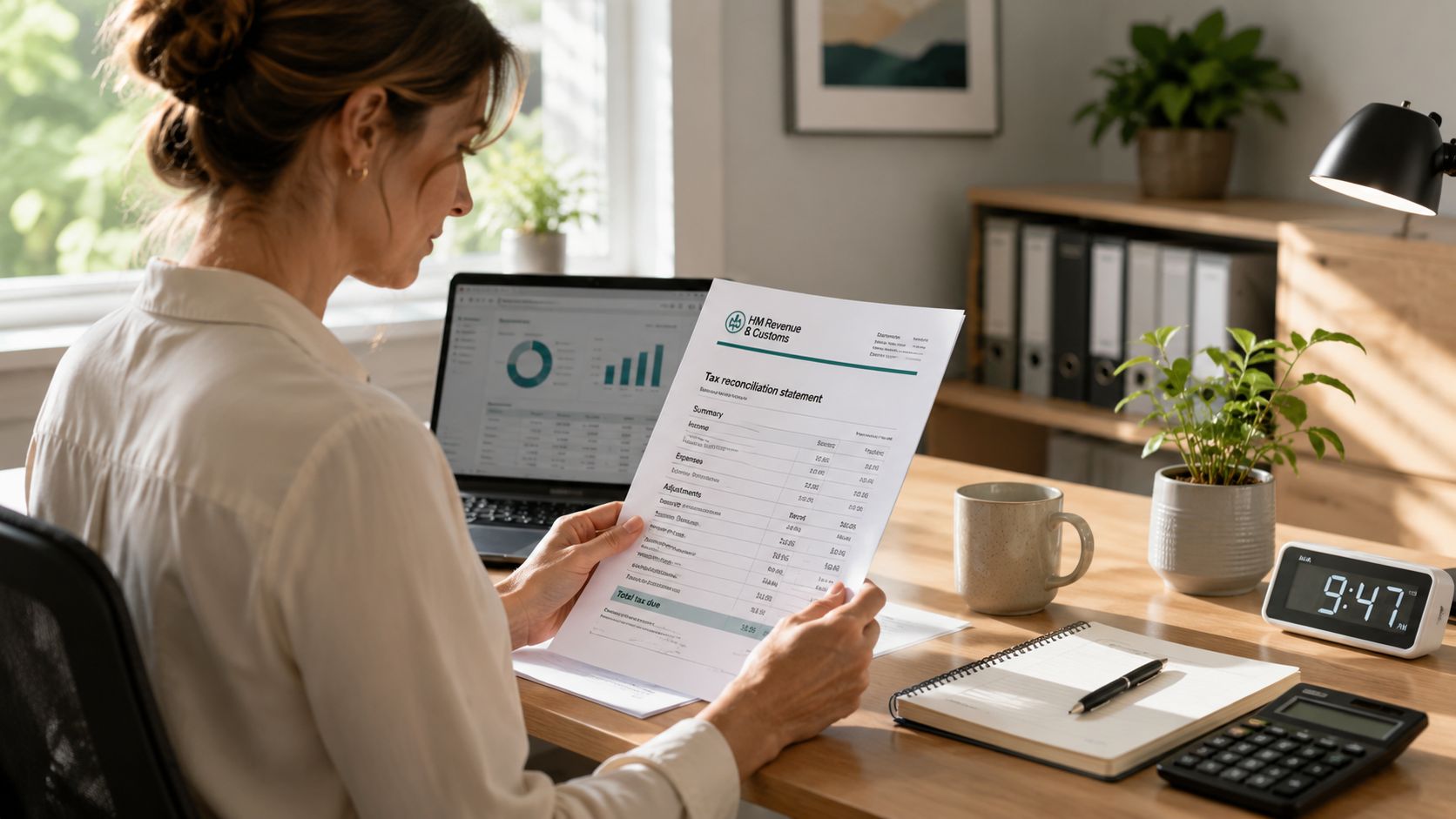 A professional woman reviewing her tax reconciliation statement at her home office desk during the daytime.