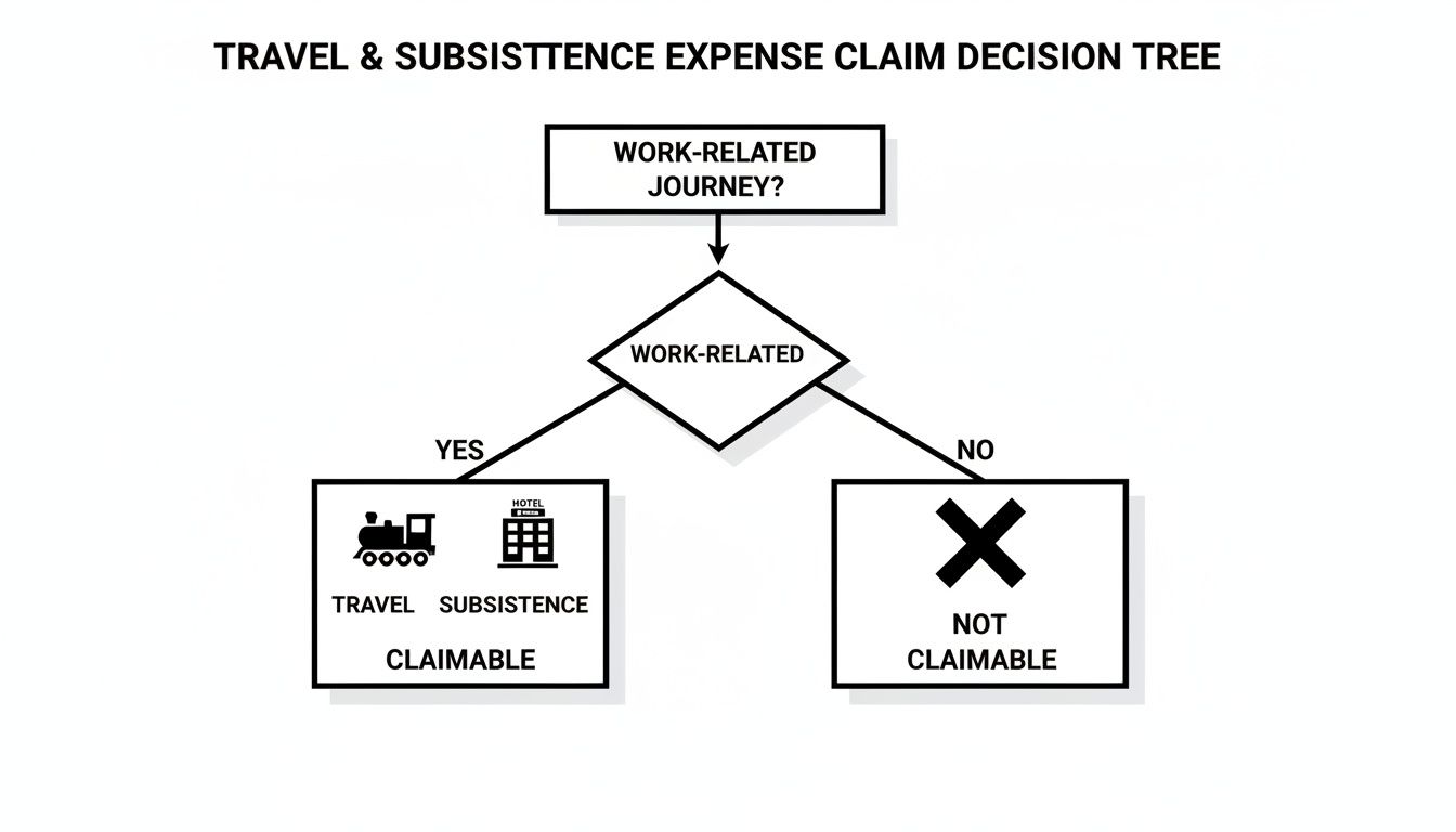 Decision tree for travel and subsistence expense claims, showing if expenses are claimable based on work-relatedness.