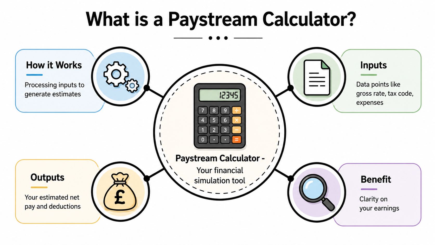 A diagram illustrating how a paystream calculator processes inputs to provide net pay estimations and financial clarity.