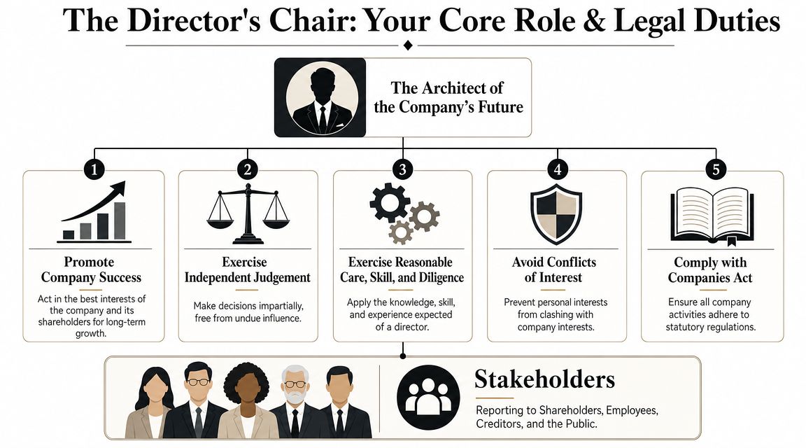 An infographic detailing the five core legal duties and responsibilities of a limited company director.
