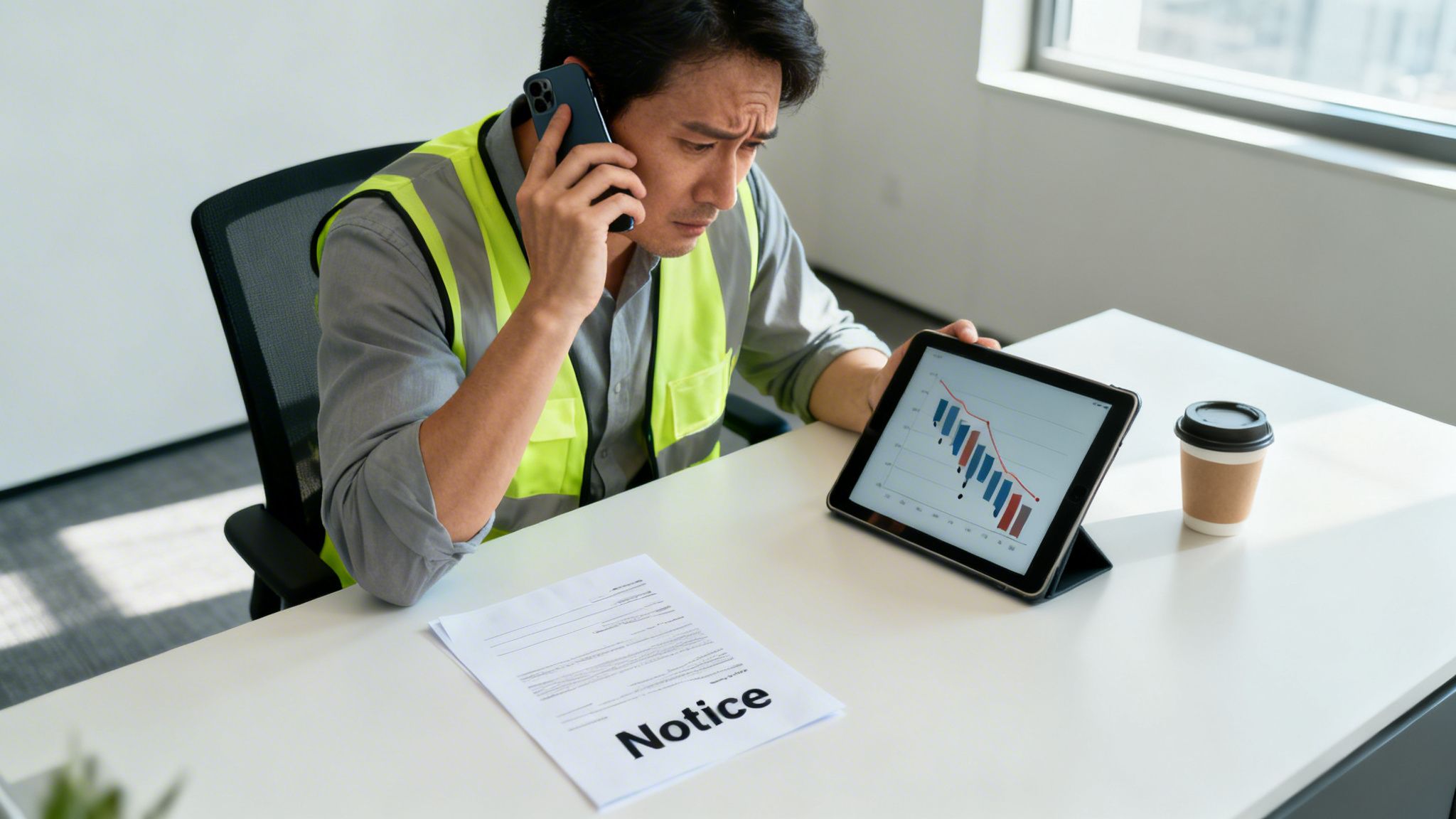 Concerned man in a safety vest on phone, looking at a declining chart on a tablet next to a 'Notice' document.