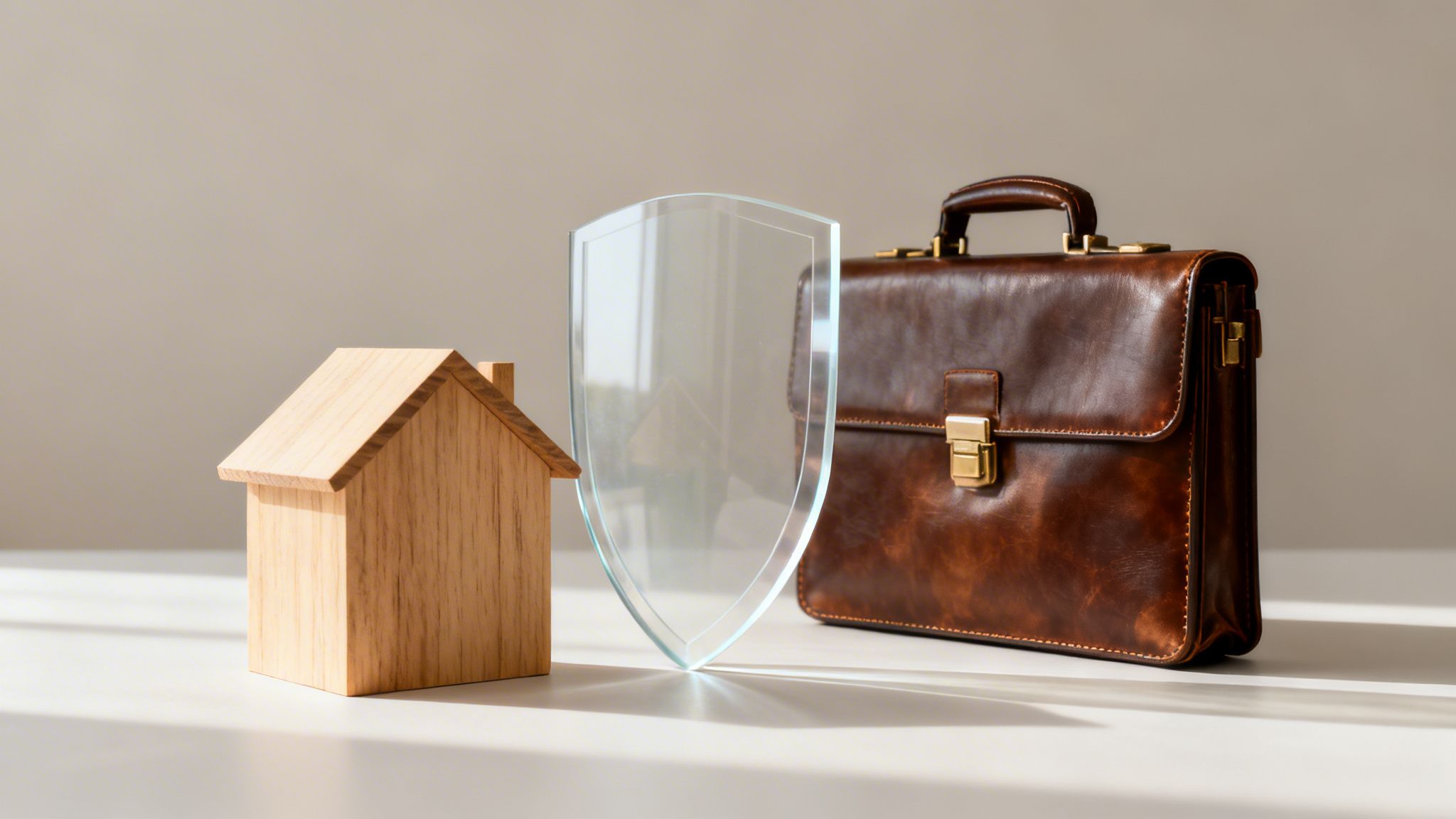 A miniature wooden house, a clear glass shield, and a brown leather briefcase on a white surface, symbolizing property and asset protection.