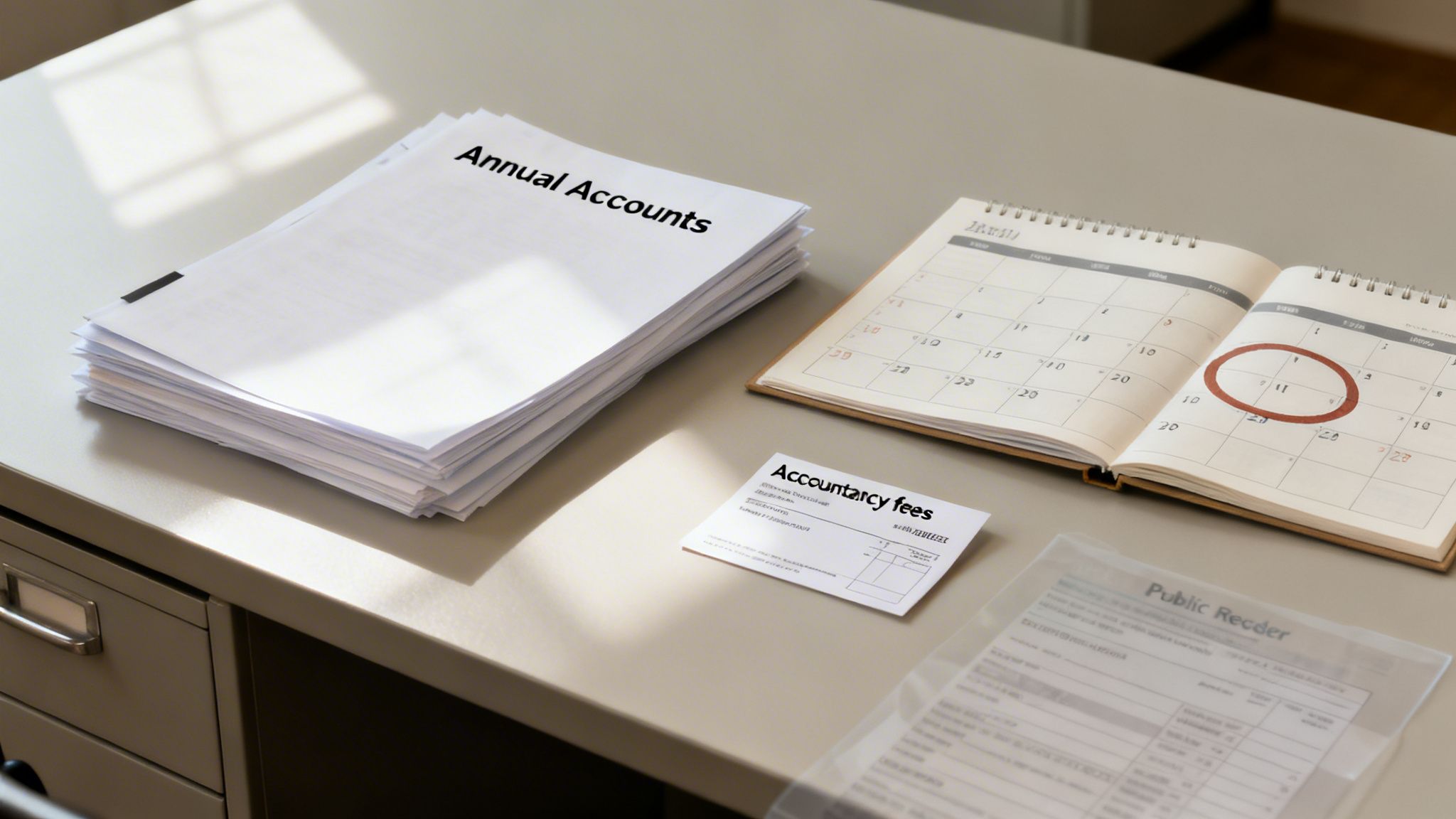 A desk with 'Annual Accounts' papers, an open calendar showing a circled date, and 'Accountancy fees' document, suggesting financial planning.