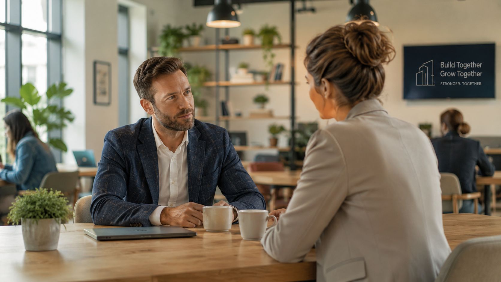 A professional man and woman having a business meeting at a wooden table in a modern office.