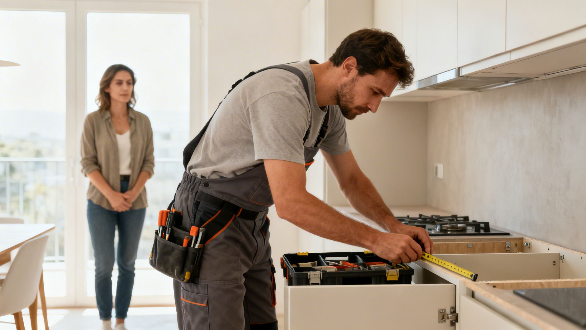 A male worker in grey overalls measures a kitchen cabinet, with a woman observing in the background.