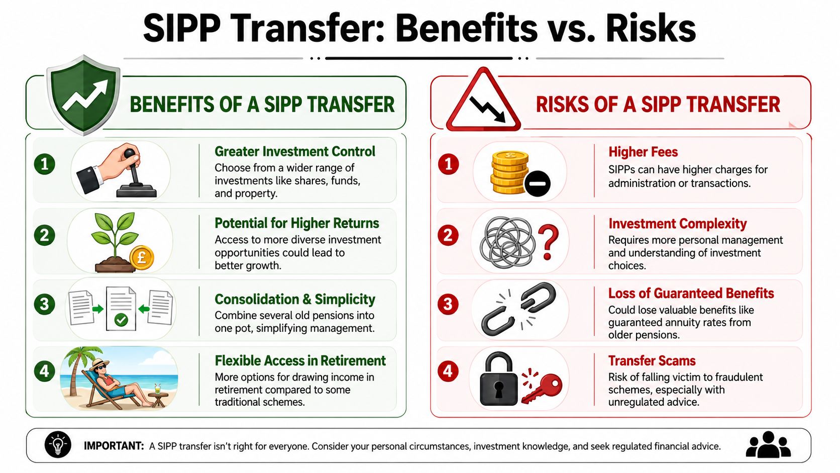 An infographic comparing the benefits and risks of transferring a pension to a SIPP.