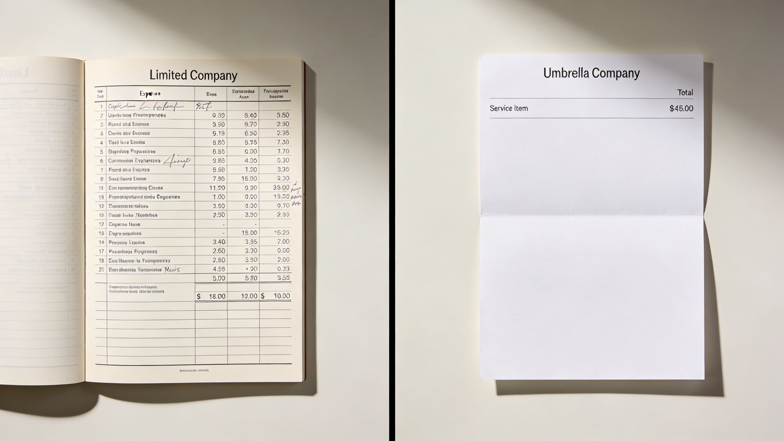 A side-by-side view showing a handwritten limited company ledger next to an Umbrella Company invoice document.