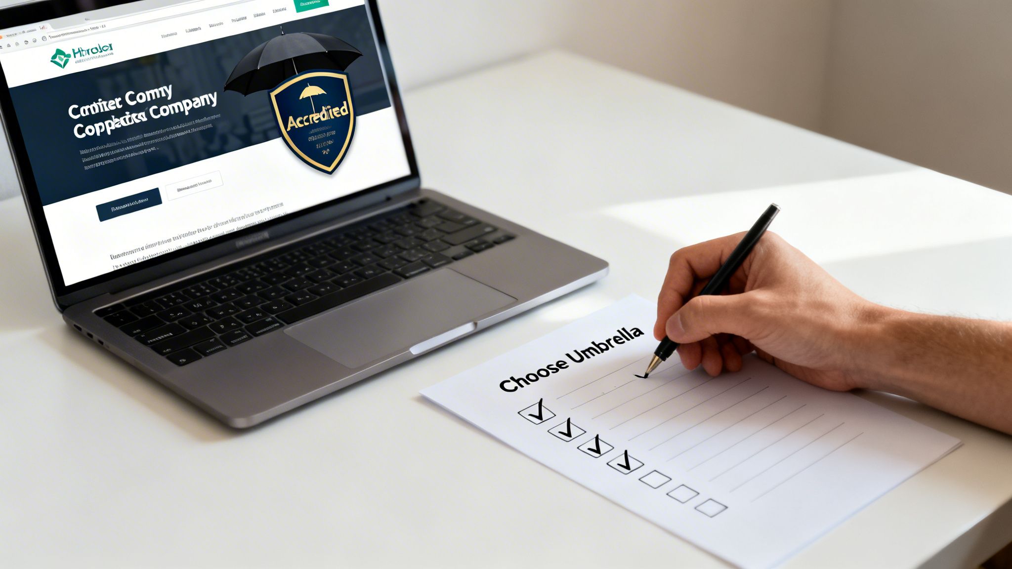 Hand checking boxes on a 'Choose Umbrella' checklist, next to a laptop displaying an accredited insurance company.