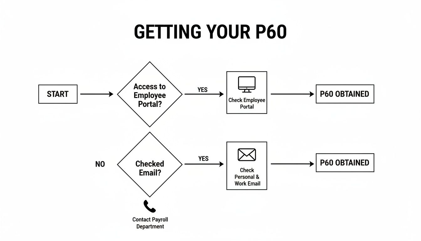 A flowchart detailing the process of obtaining your P60, starting from employee portal access to email checks.